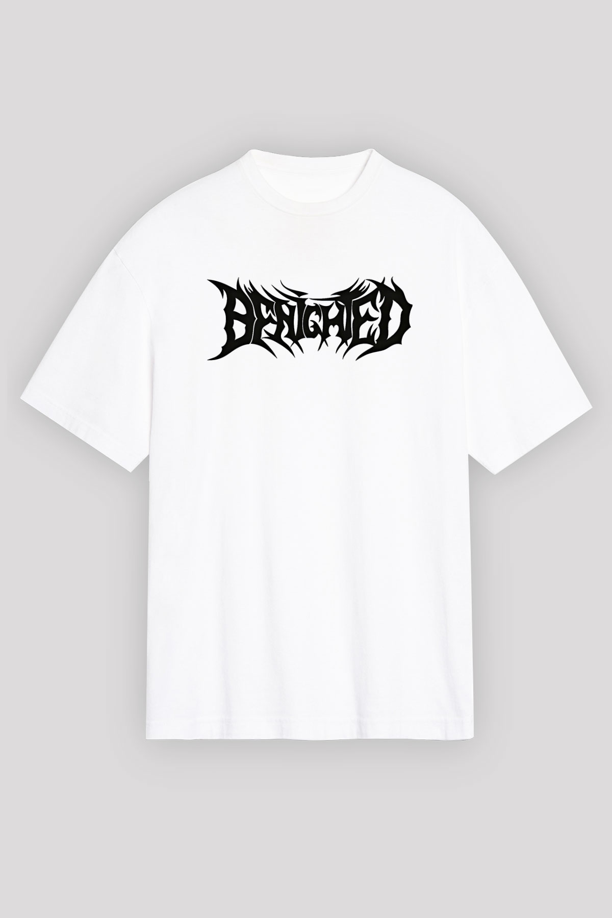 Benighted Baskılı Beyaz Unisex Oversize Tişört - Tshirt