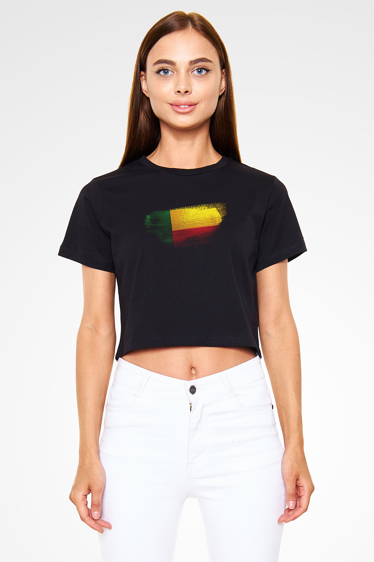 Benin Bayrağı Baskılı Kadın Crop Top Siyah Tişört