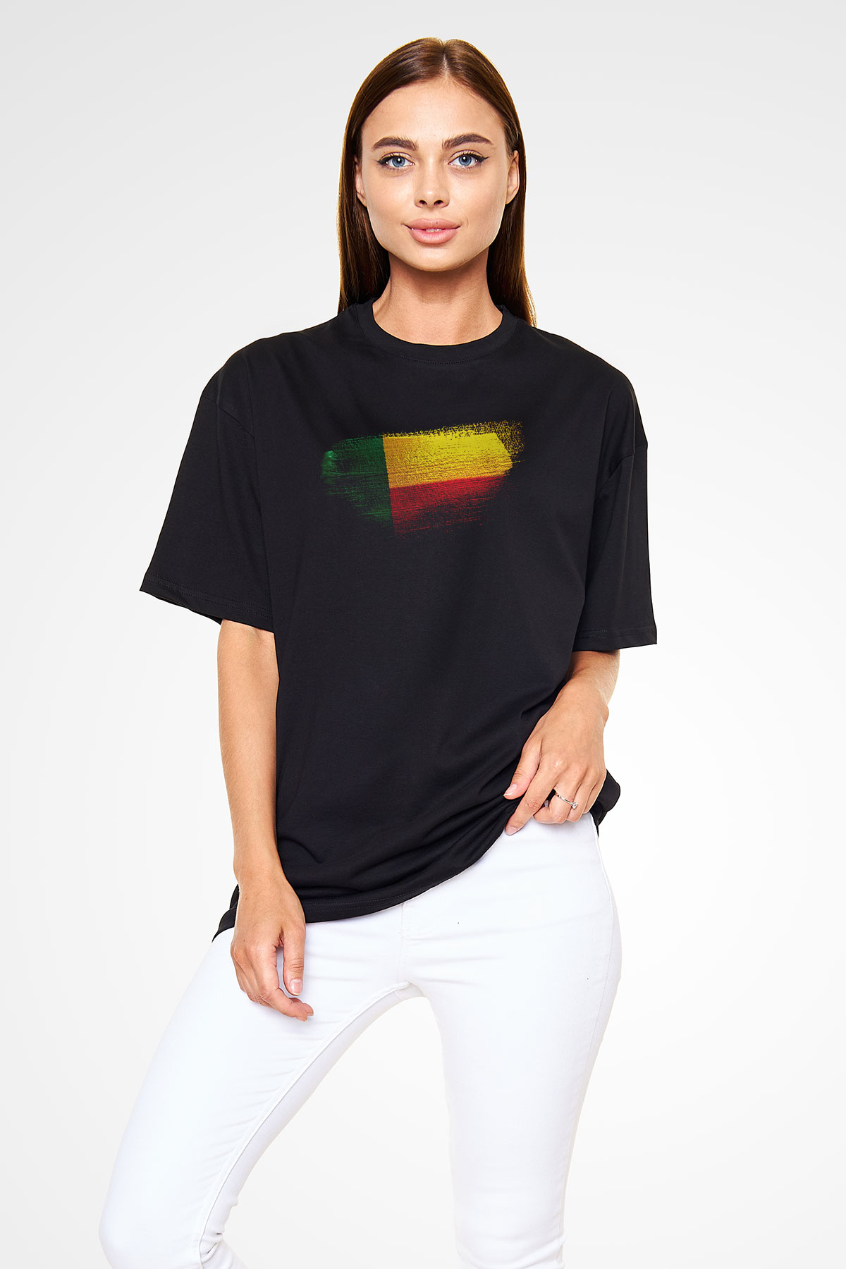 Benin Bayrağı Baskılı Unisex Siyah Oversize Tişört