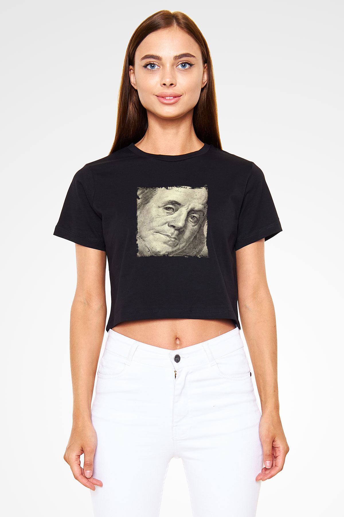 Benjamin Franklin Baskılı Siyah Kadın Crop Top Tişört