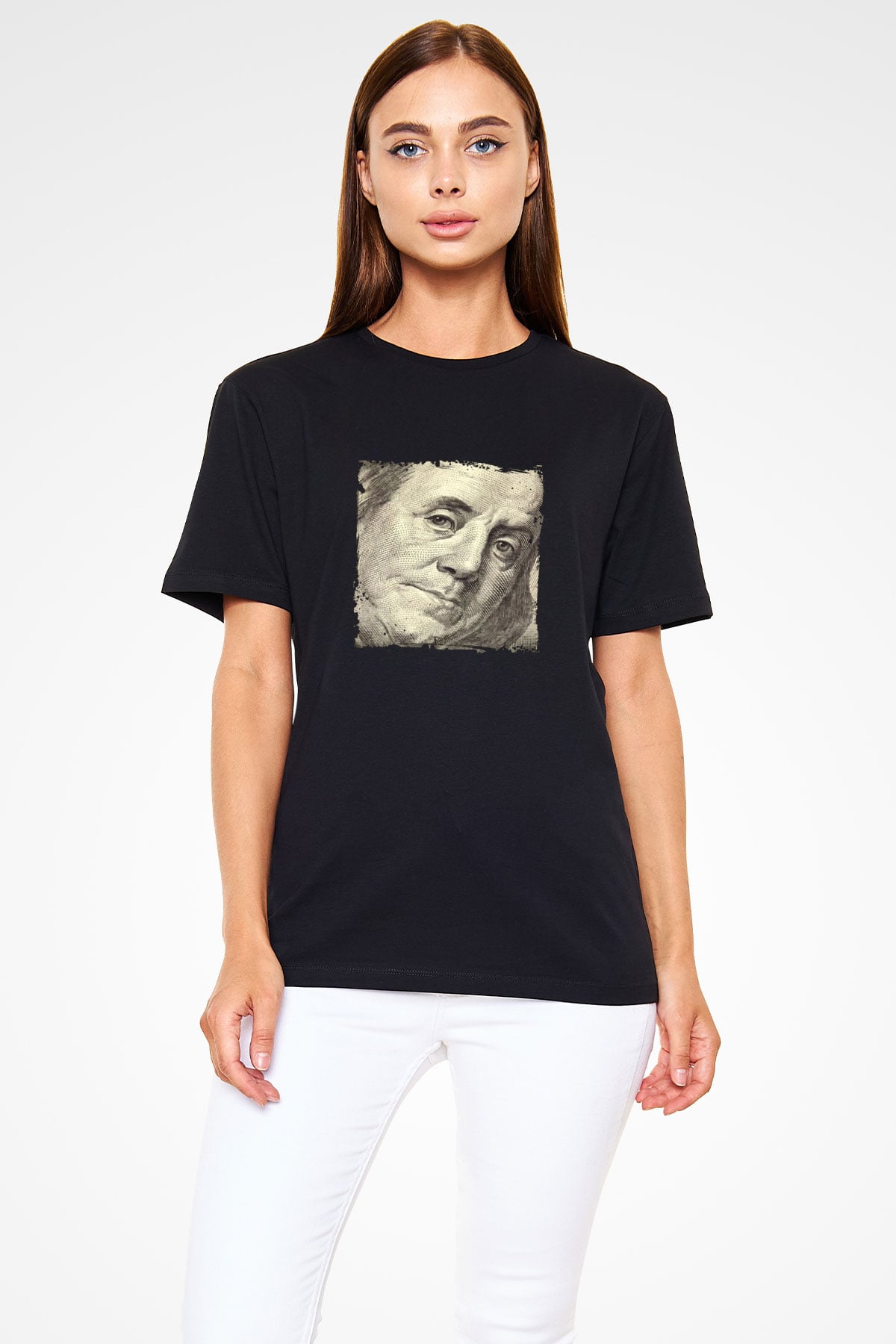 Benjamin Franklin Baskılı Unisex Siyah Tişört