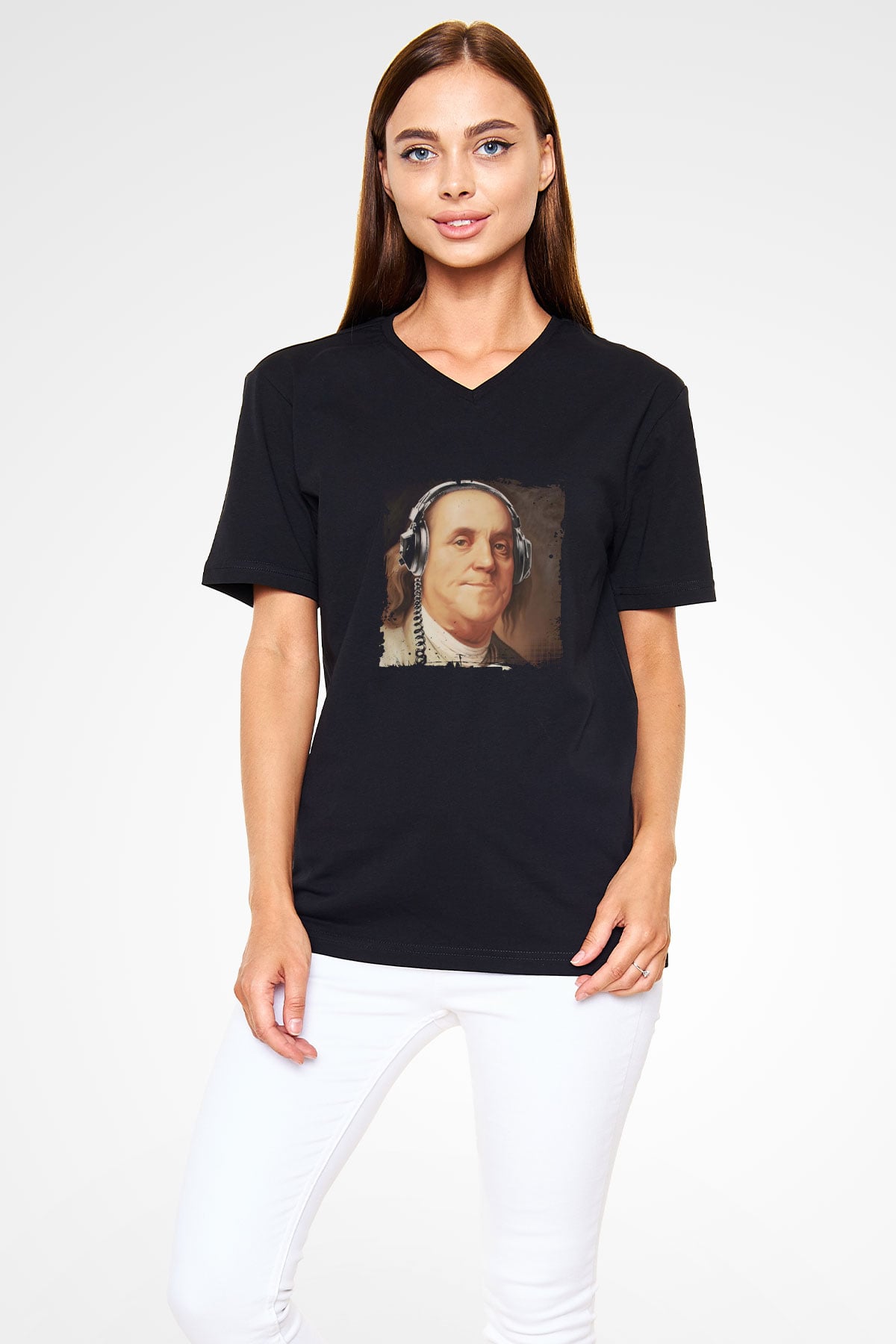 Benjamin Franklin Baskılı Unisex Siyah V Yaka Tişört