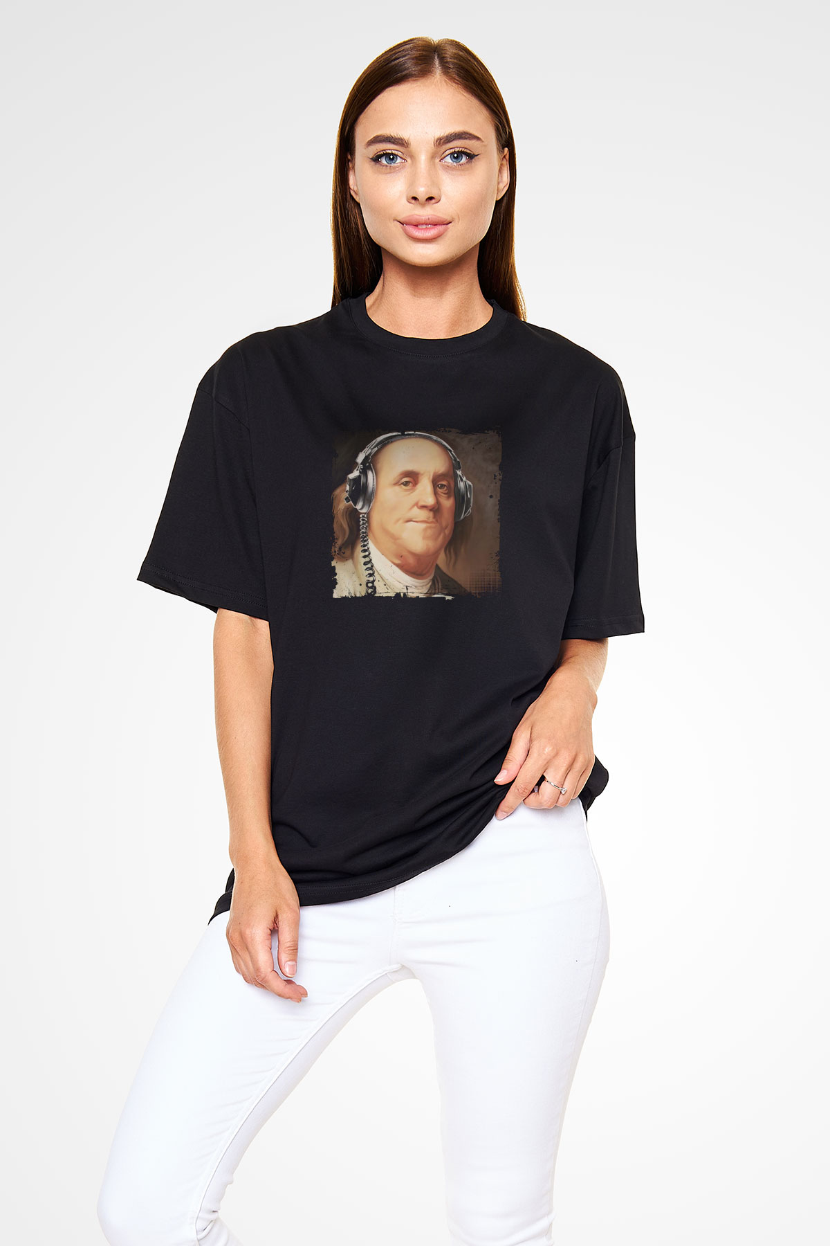 Benjamin Franklin Baskılı Unisex Siyah Oversize Tişört