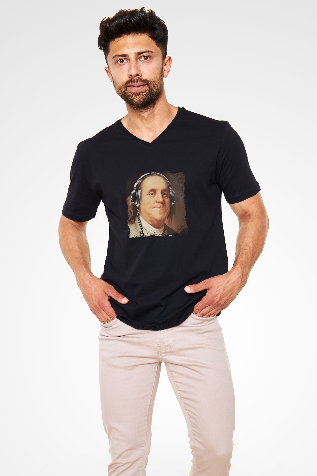 Benjamin Franklin Baskılı Unisex Siyah V Yaka Tişört