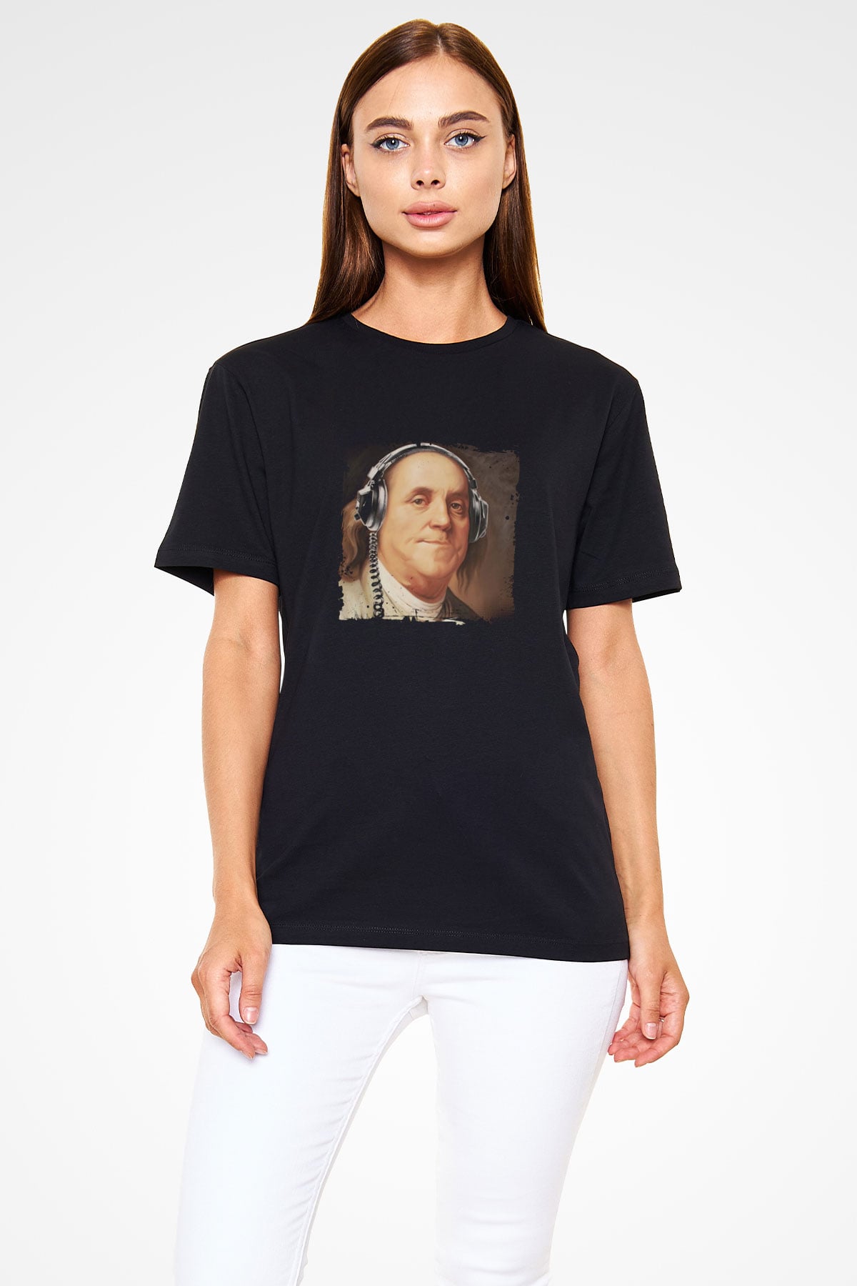 Benjamin Franklin Baskılı Unisex Siyah Tişört