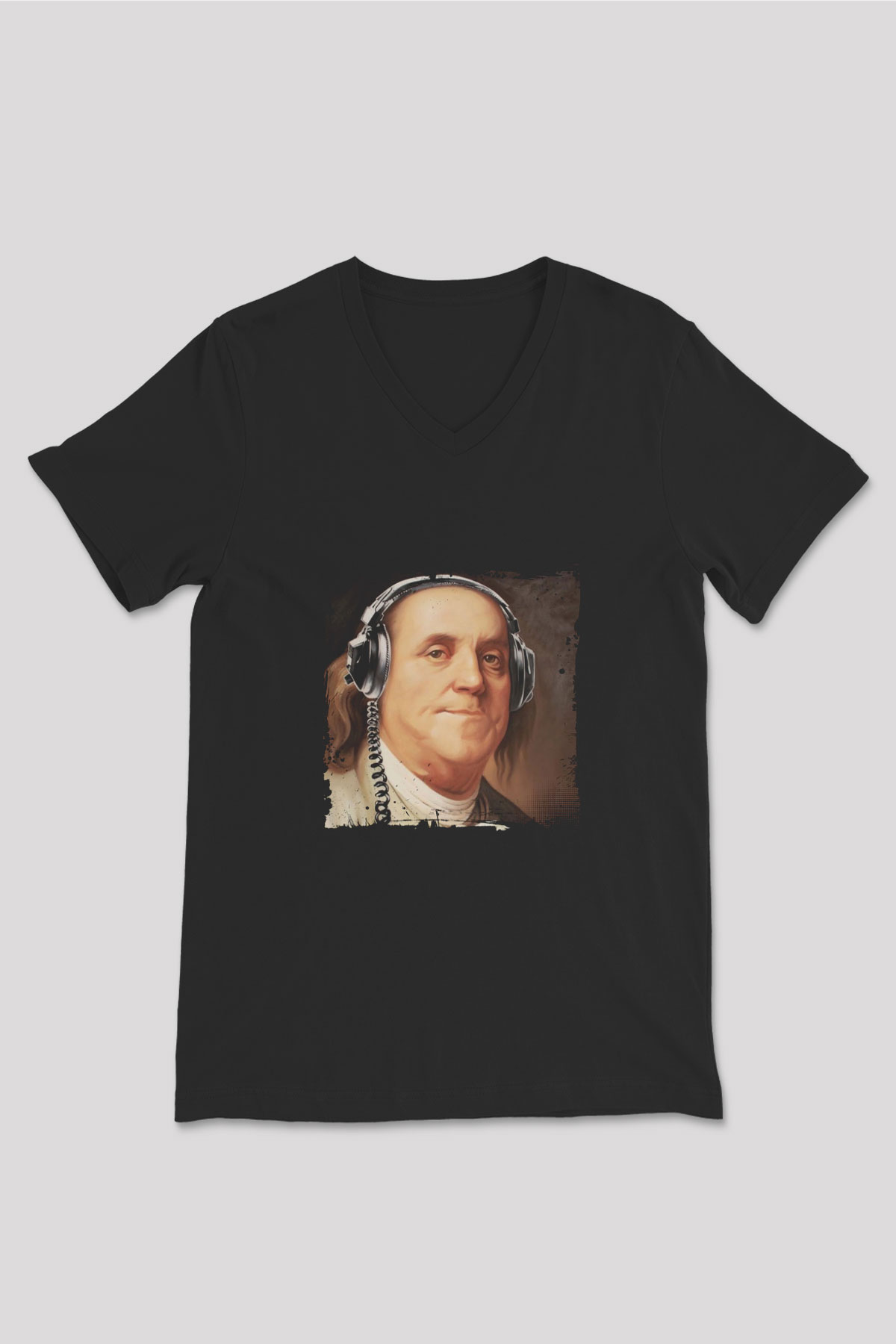 Benjamin Franklin Baskılı Unisex Siyah V Yaka Tişört