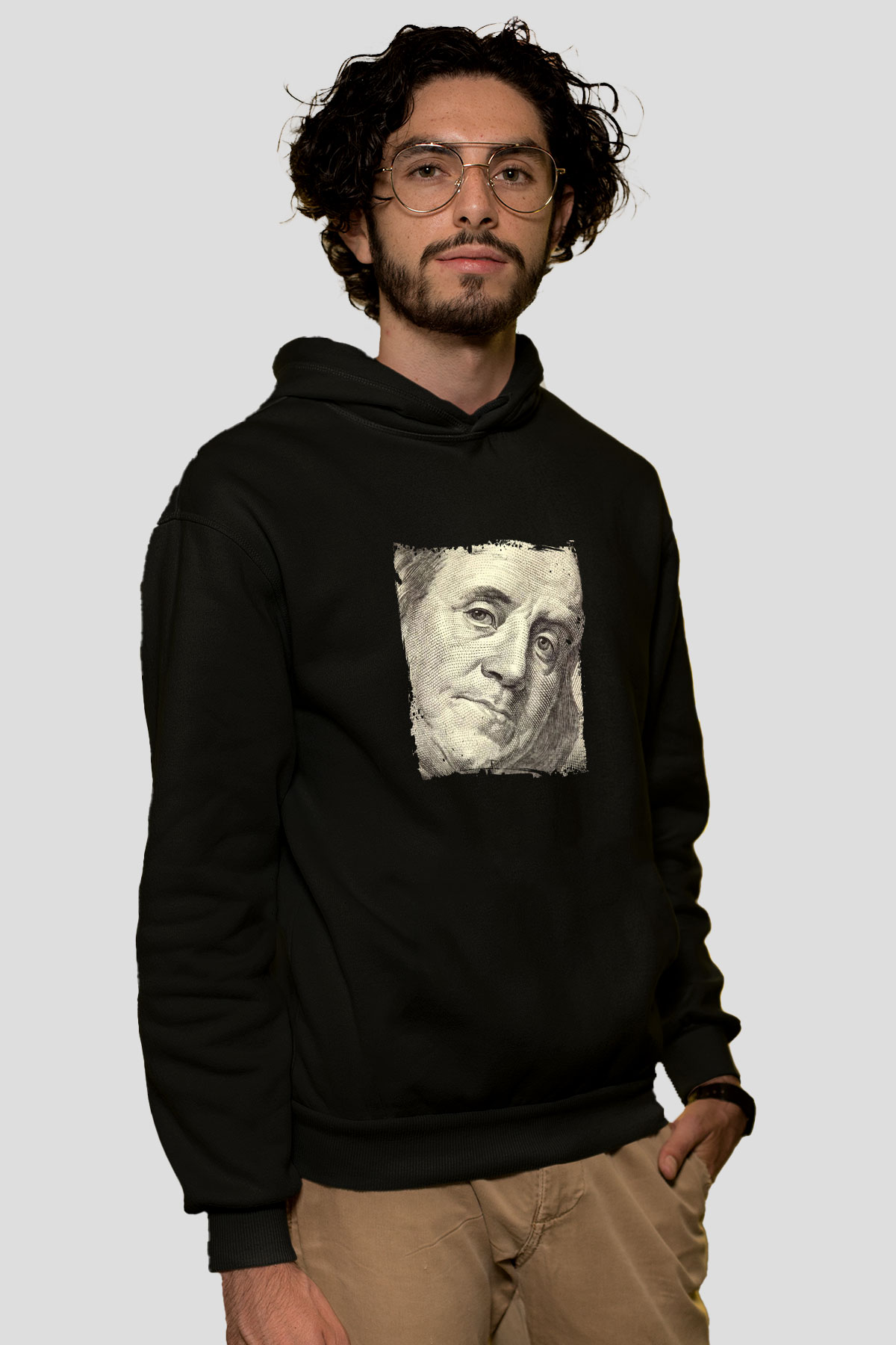 Benjamin Franklin Baskılı Unisex Siyah Hoodie