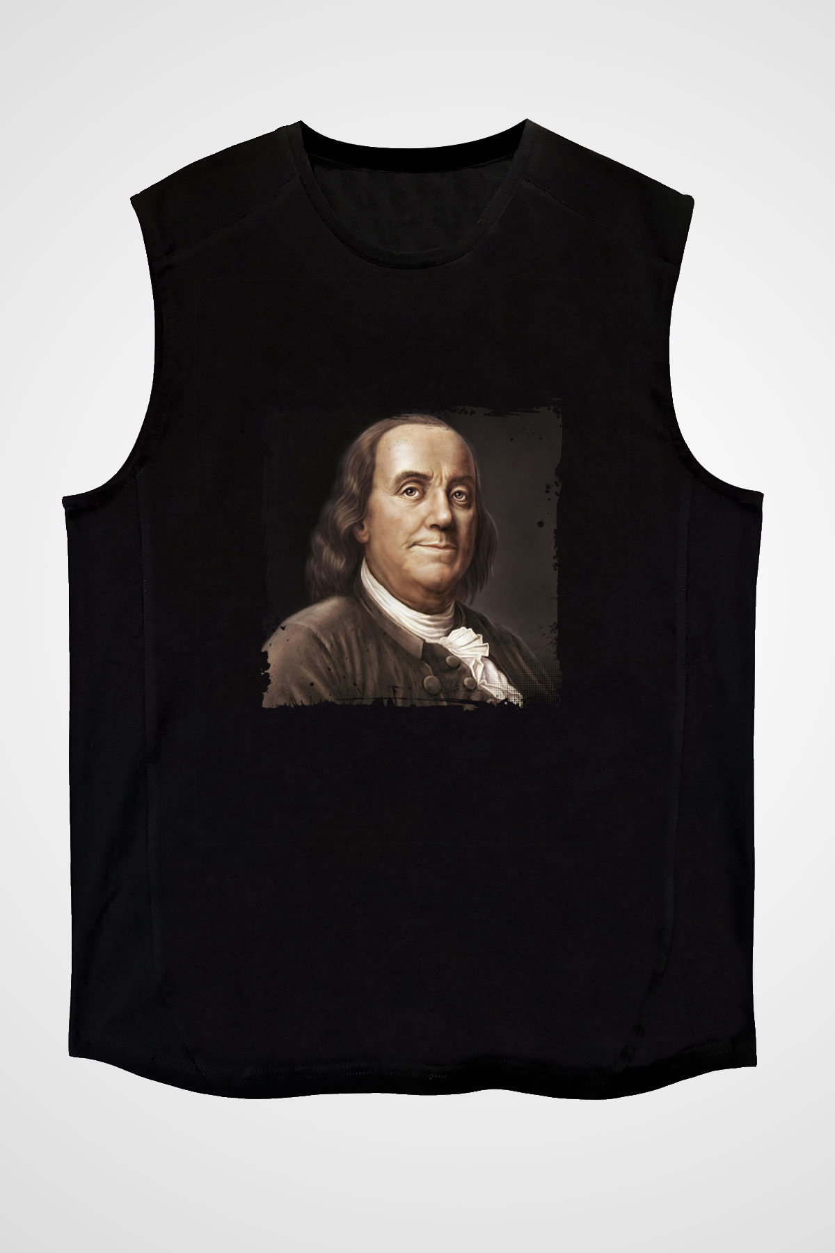 Benjamin Franklin Baskılı Unisex Siyah Kolsuz Tişört