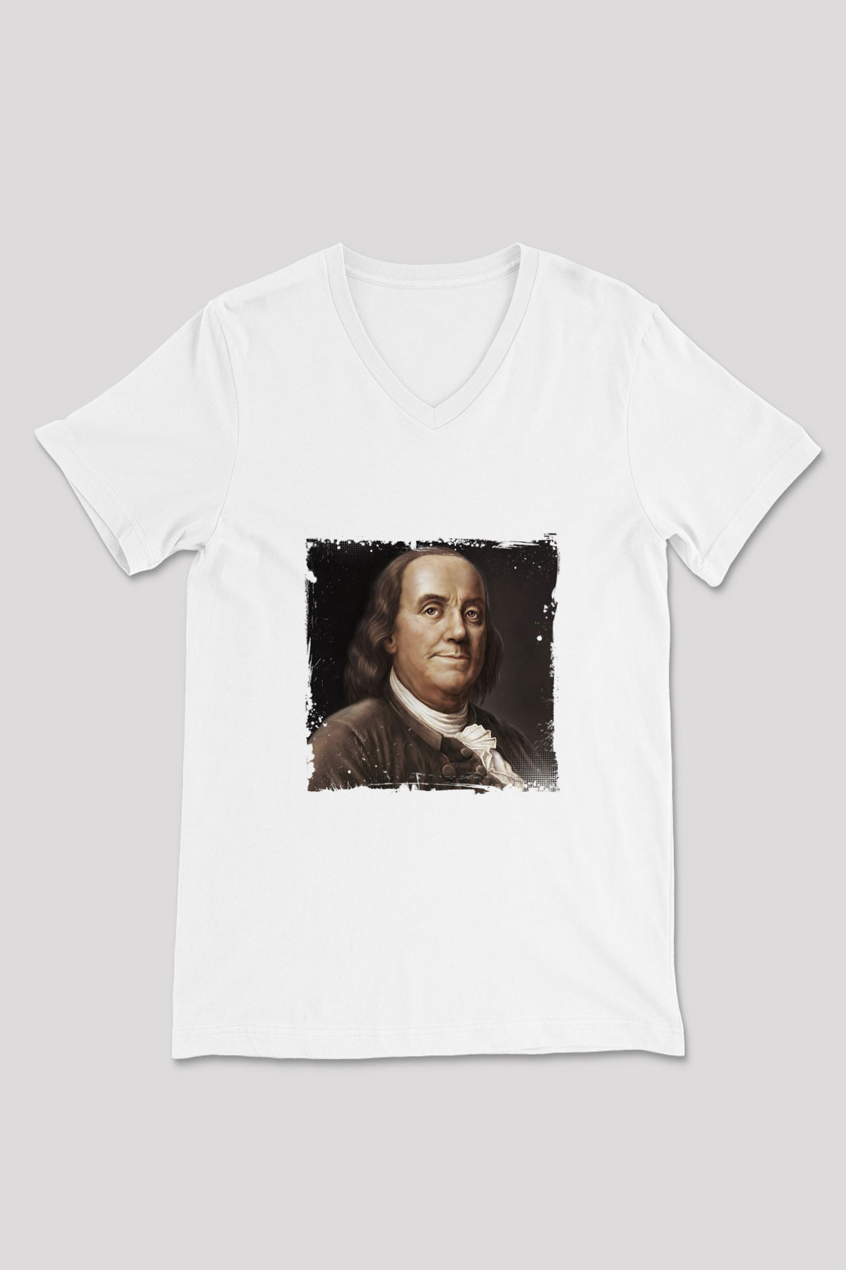 Benjamin Franklin Baskılı V Yaka Unisex Beyaz Tişört