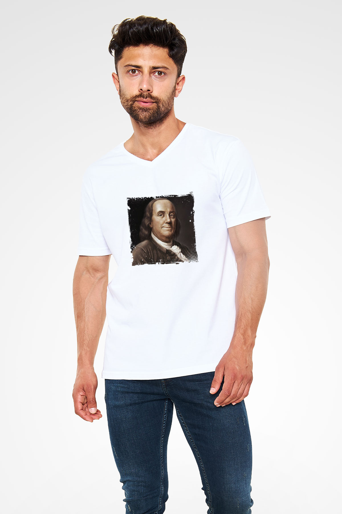 Benjamin Franklin Baskılı V Yaka Unisex Beyaz Tişört