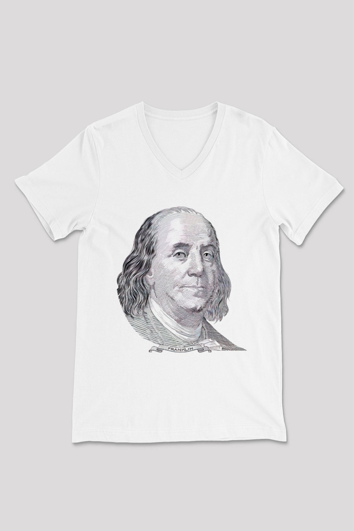 Benjamin Franklin Beyaz Unisex V Yaka Tişört