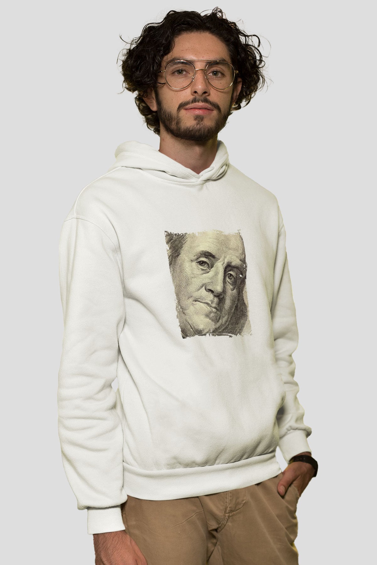 Benjamin Franklin Unisex Baskılı Beyaz Kapüşonlu Sweatshirt