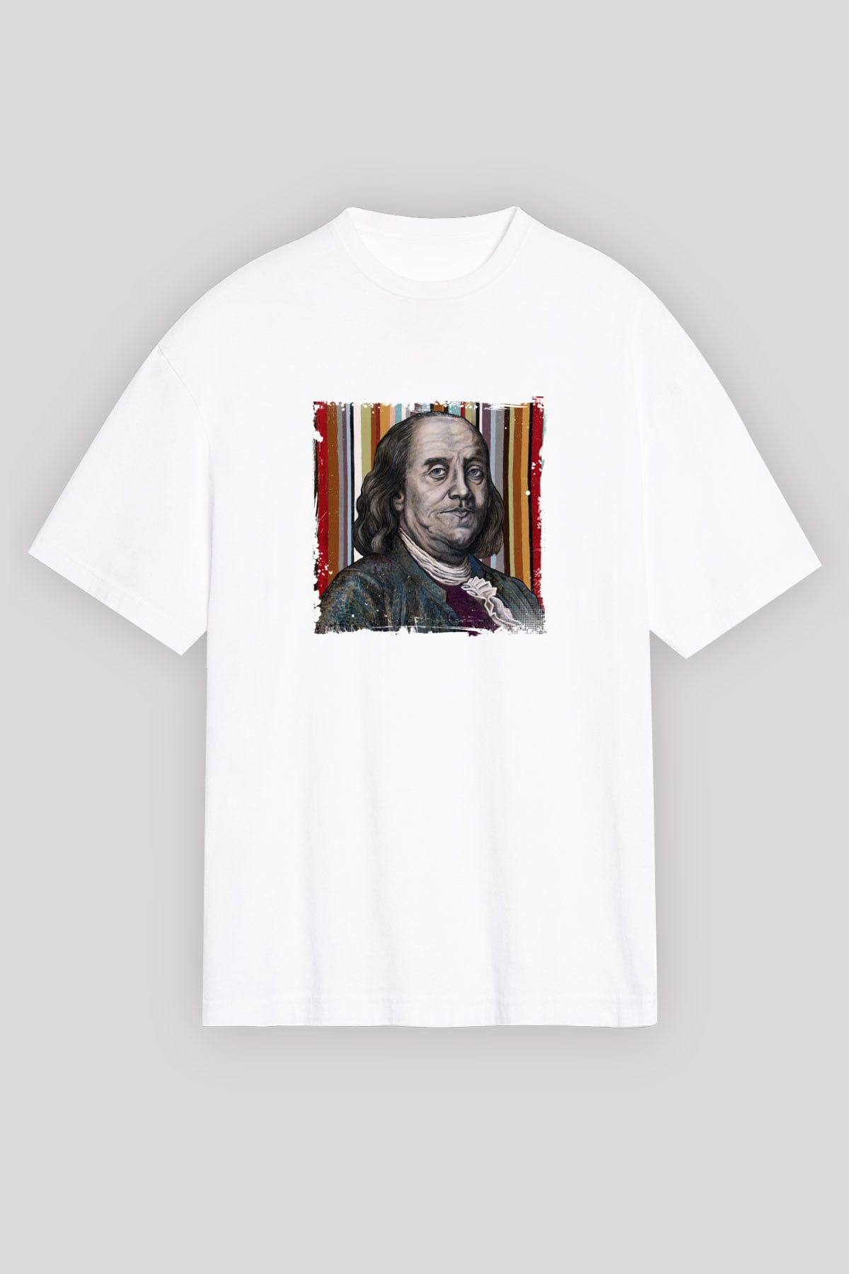 Benjamin Franklin Oversize Baskılı Beyaz Tişört