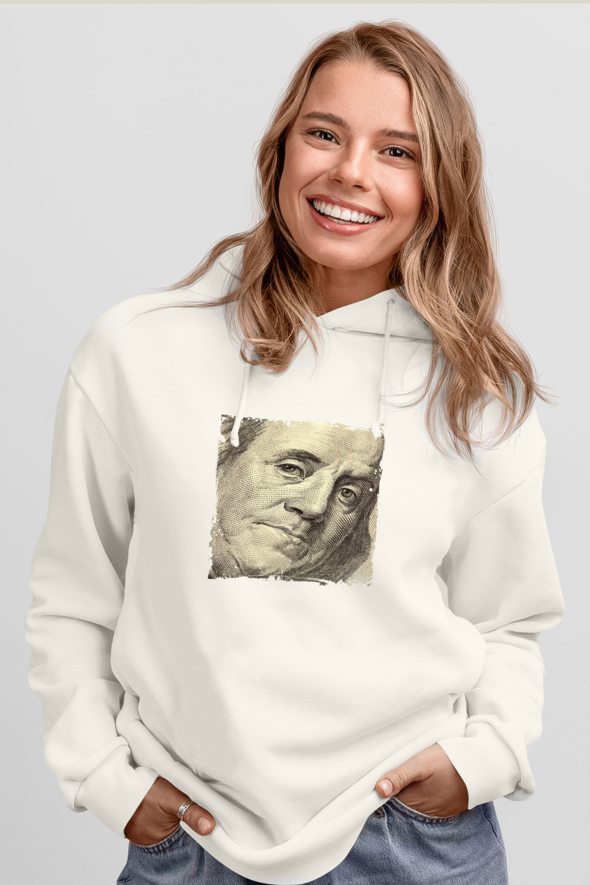 Benjamin Franklin Unisex Baskılı Beyaz Kapüşonlu Sweatshirt