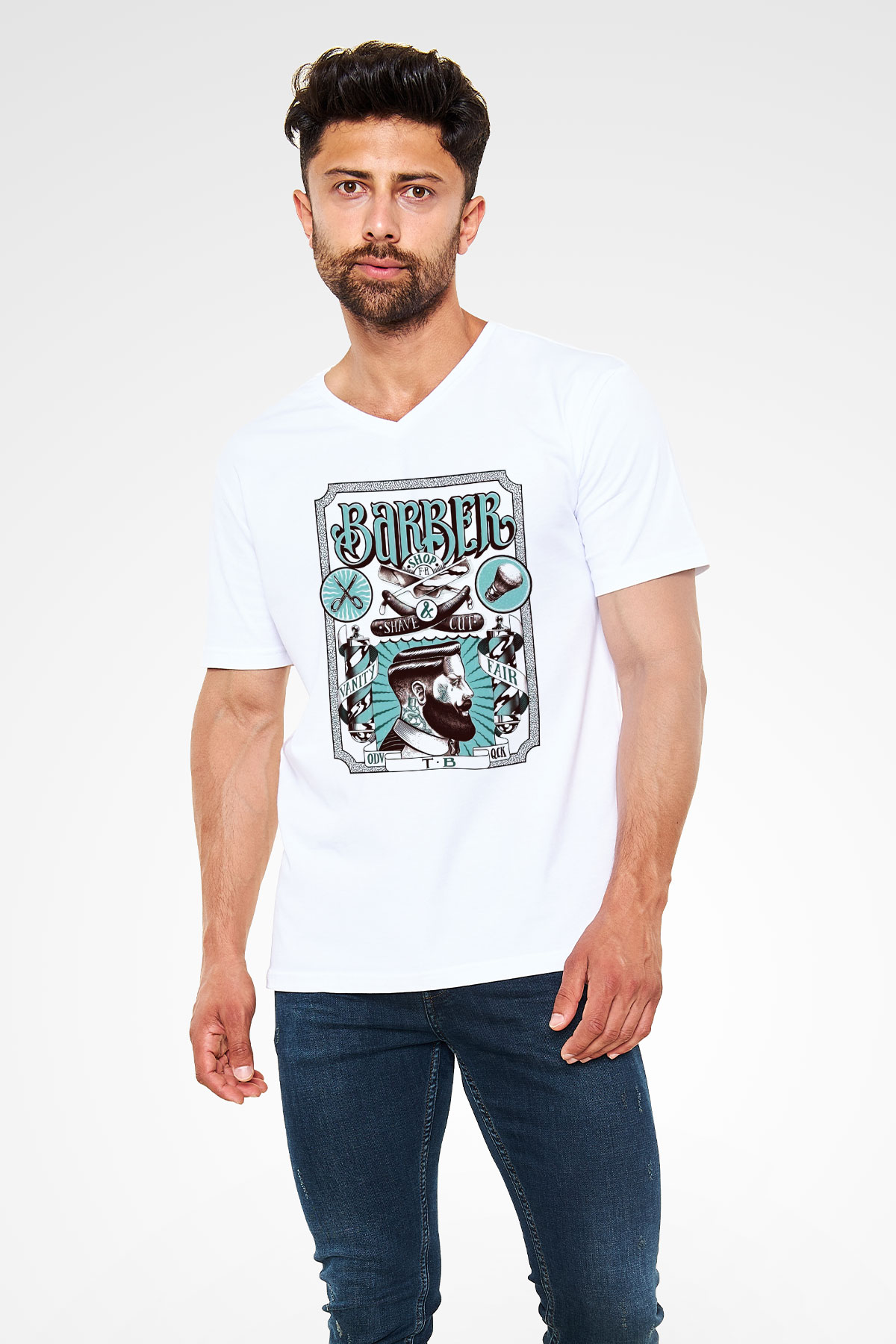 Berber Beyaz Unisex V Yaka Tişört T-Shirt