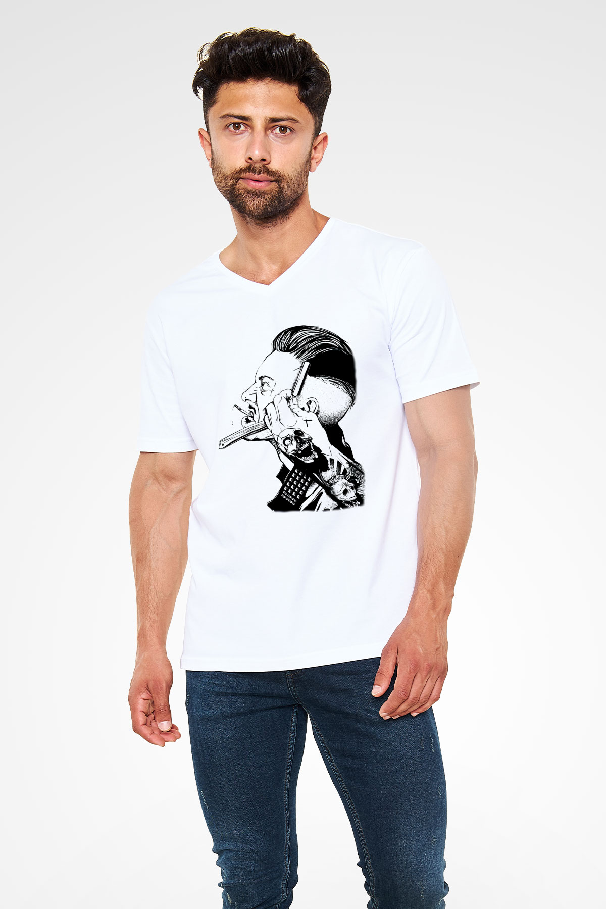 Berber Beyaz Unisex V Yaka Tişört T-Shirt