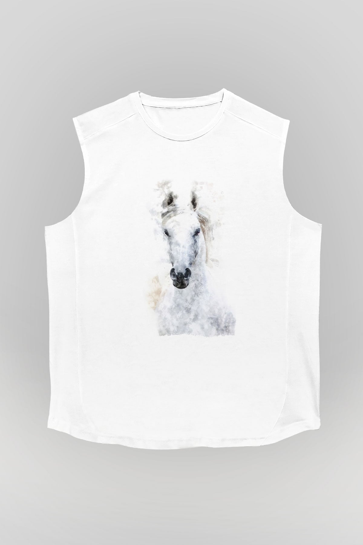 Beyaz At Baskılı Unisex Beyaz  Kolsuz Tişört
