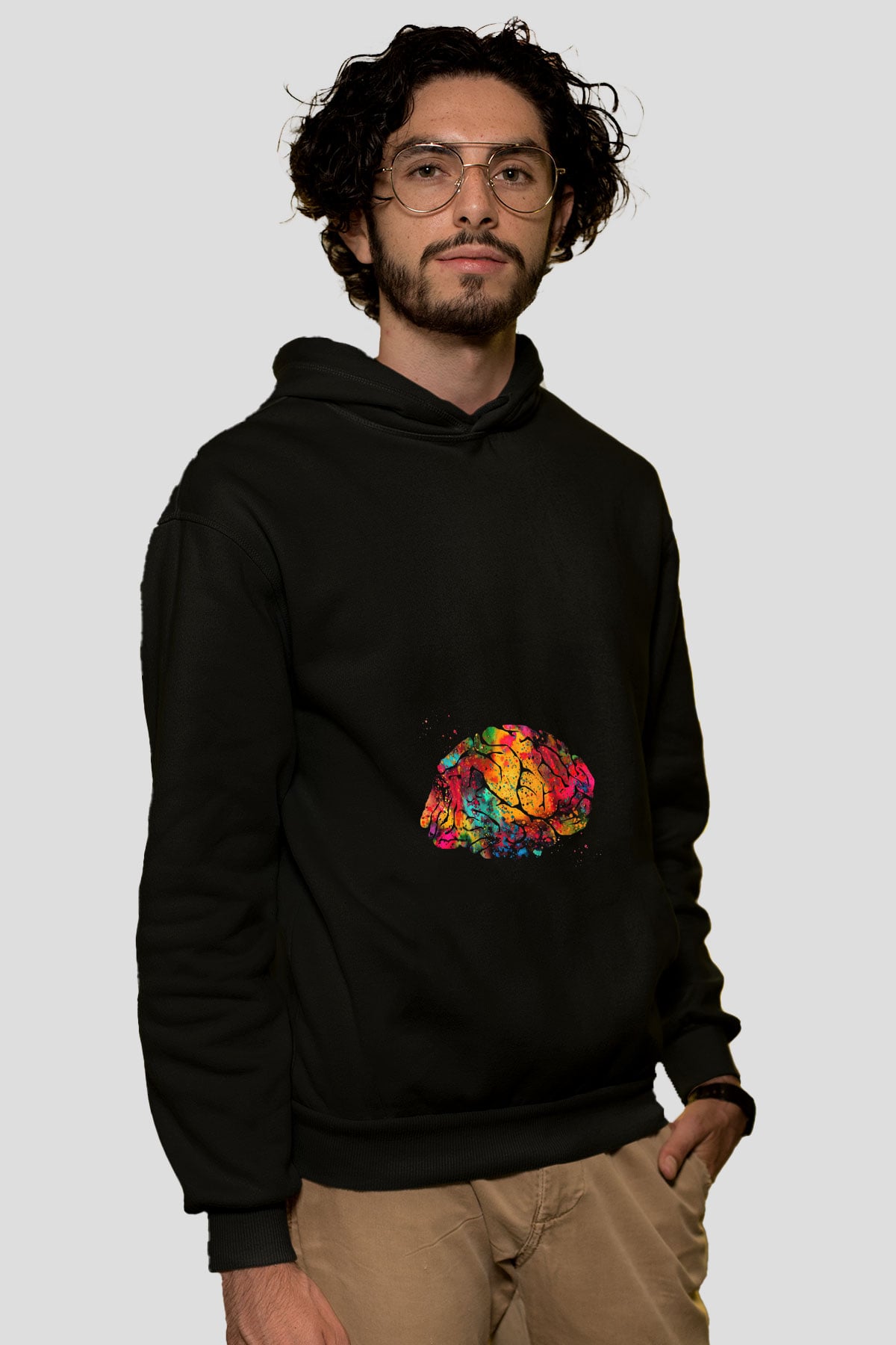 Beyin İllustrasyon Baskılı Unisex Siyah Hoodie