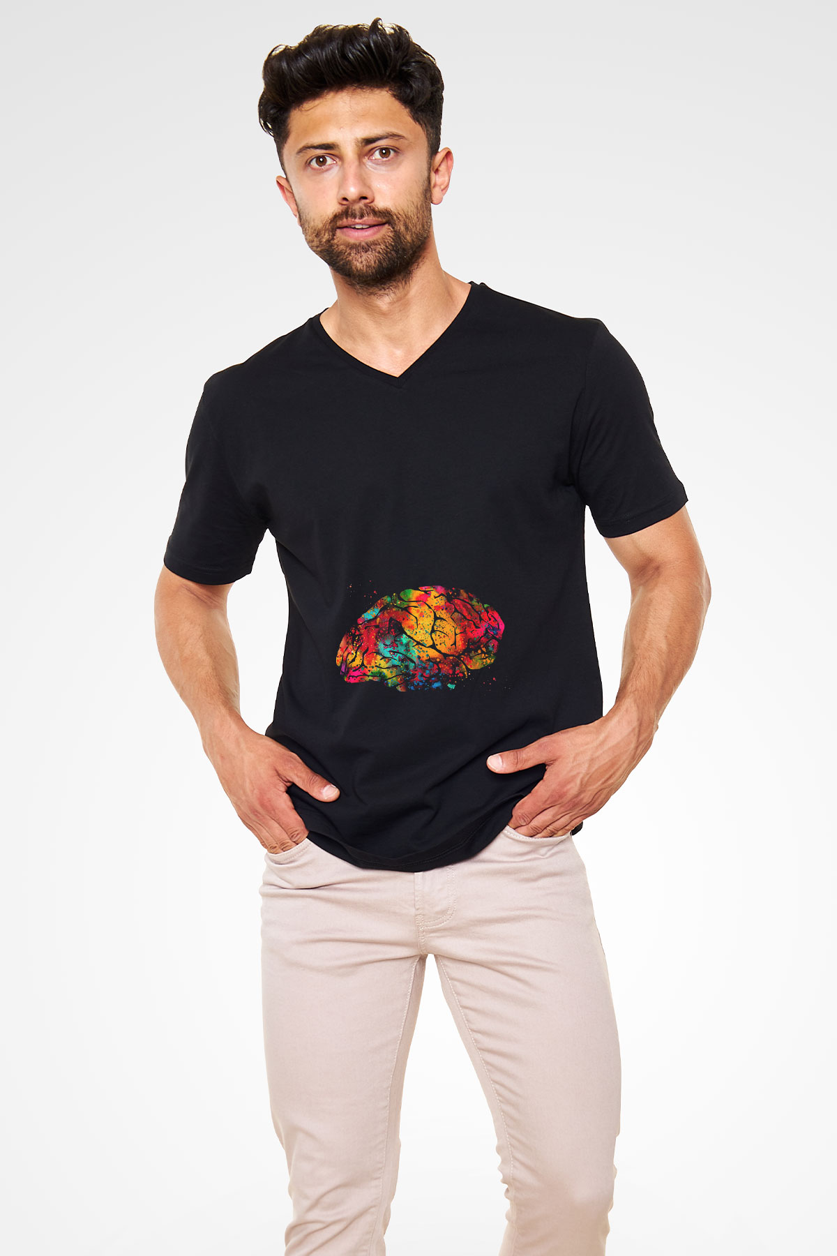 Beyin İllustrasyon Baskılı Unisex V Yaka Siyah Tİşört - Tshirt