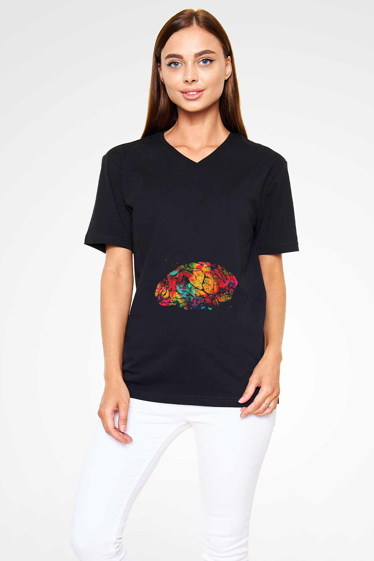 Beyin İllustrasyon Baskılı Unisex V Yaka Siyah Tİşört - Tshirt