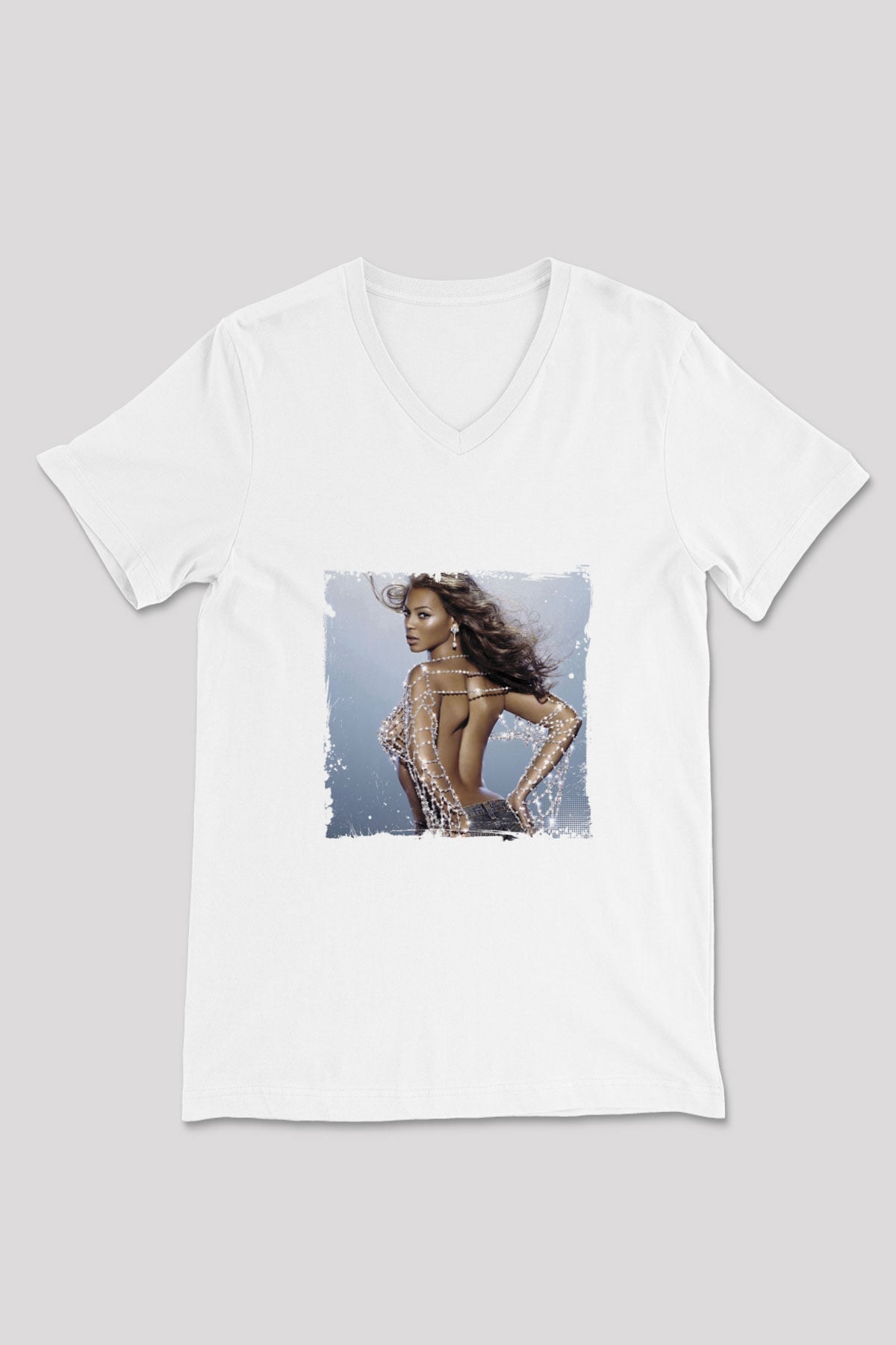 Beyonce Baskılı Beyaz V Yaka Unisex Tişört