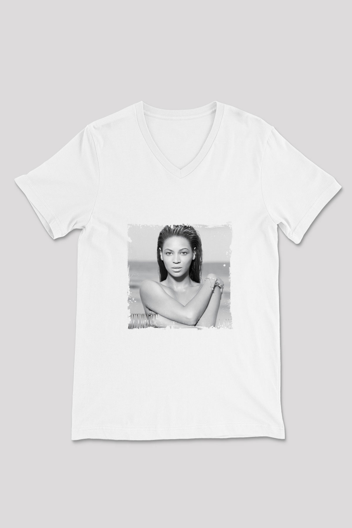 Beyonce Baskılı Beyaz V Yaka Unisex Tişört