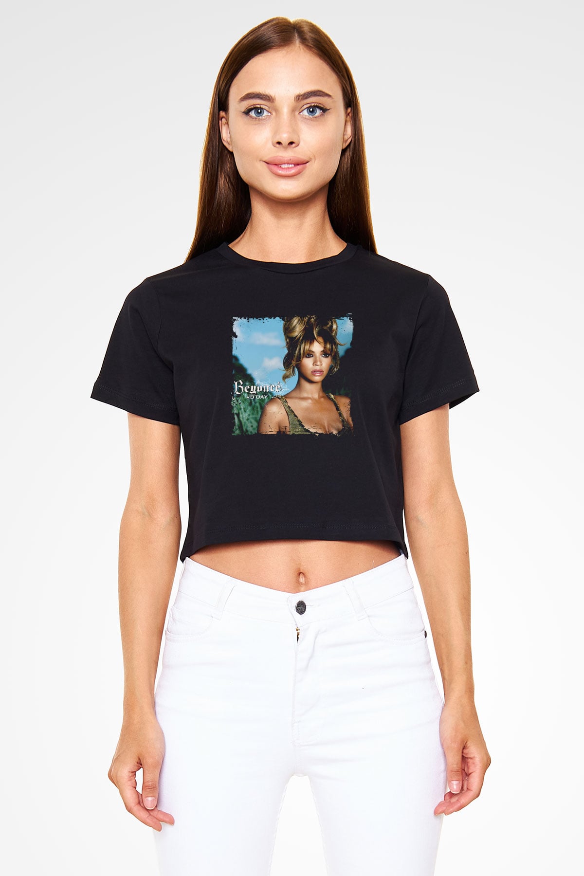 Beyonce Baskılı Crop Top Siyah Kadın Tişört