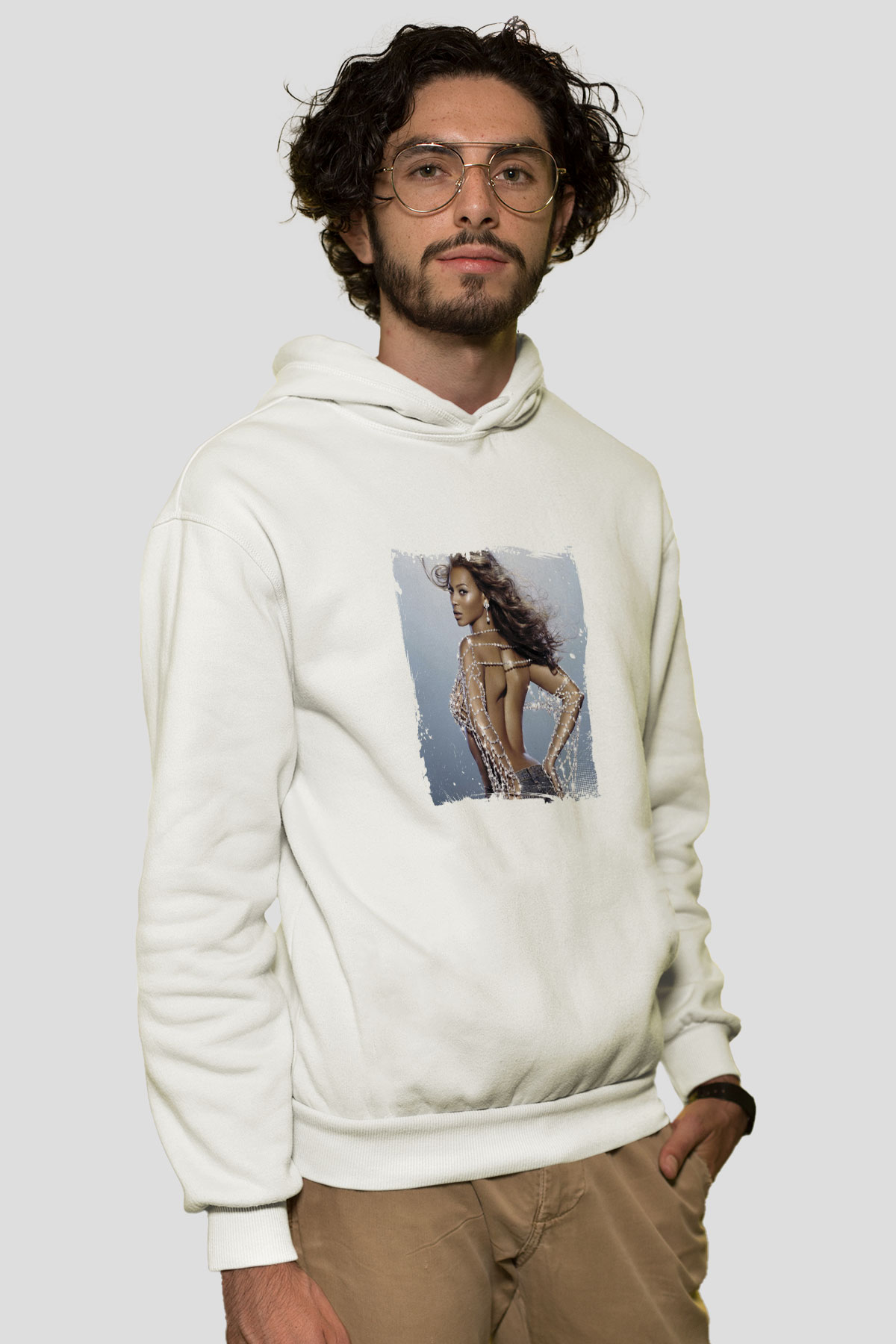 Beyonce Baskılı Unisex Beyaz Kapüşonlu Sweatshirt