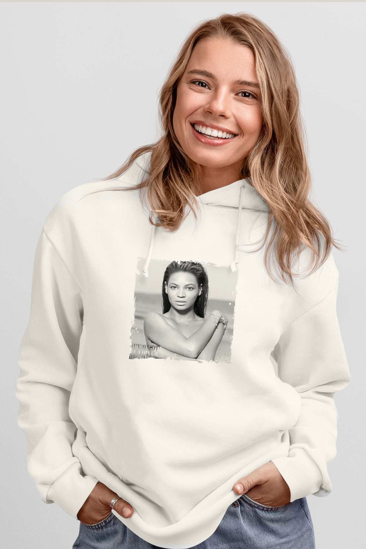 Beyonce Baskılı Unisex Beyaz Kapüşonlu Sweatshirt