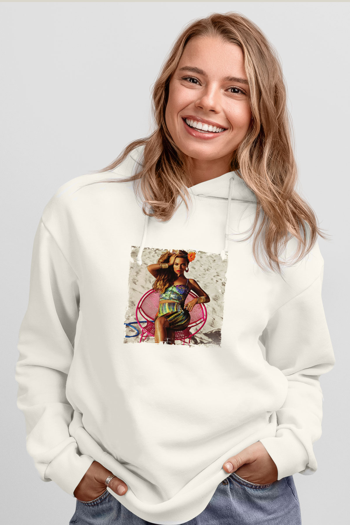 Beyonce Baskılı Unisex Beyaz Kapüşonlu Sweatshirt