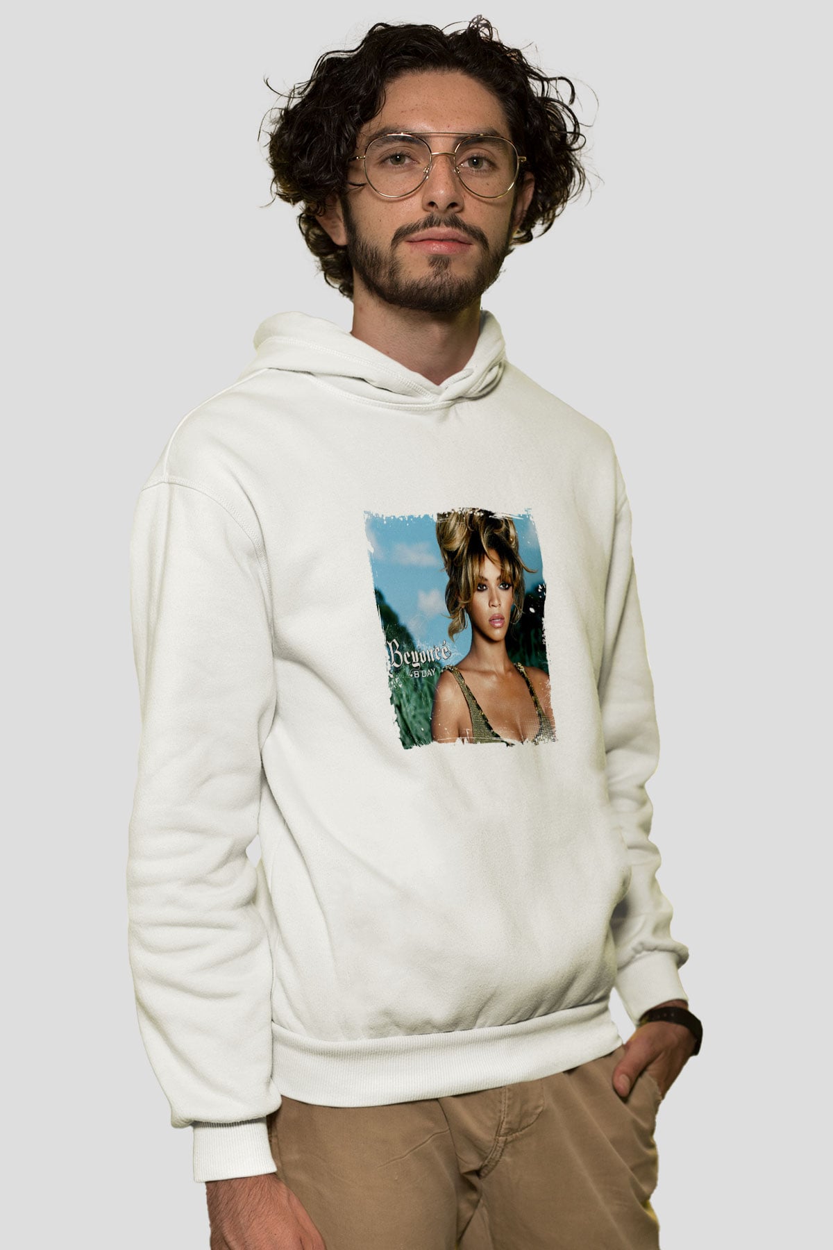 Beyonce Baskılı Unisex Beyaz Kapüşonlu Sweatshirt