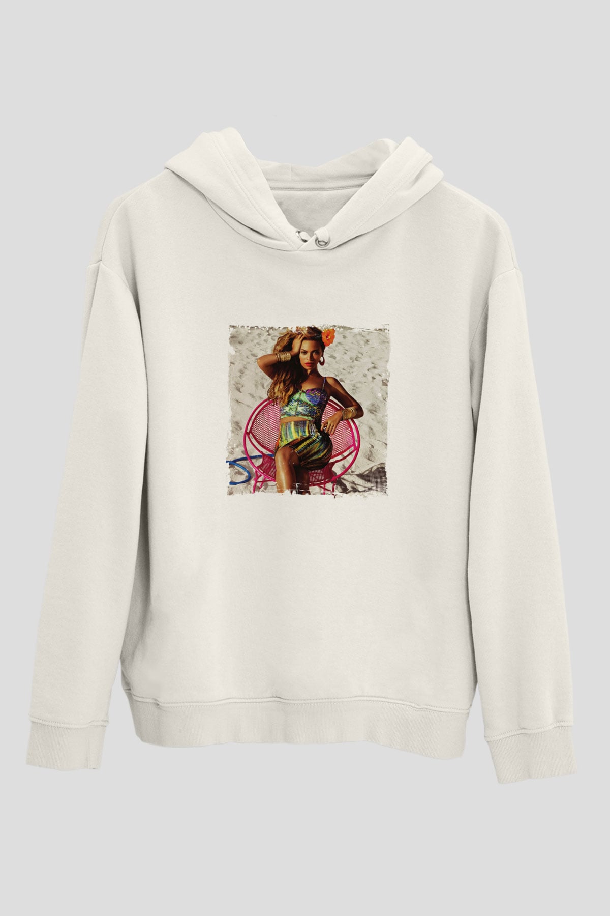 Beyonce Baskılı Unisex Beyaz Kapüşonlu Sweatshirt