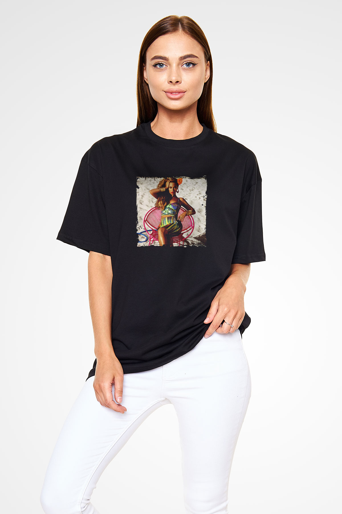 Beyonce Baskılı Unisex Oversize Siyah Tişört