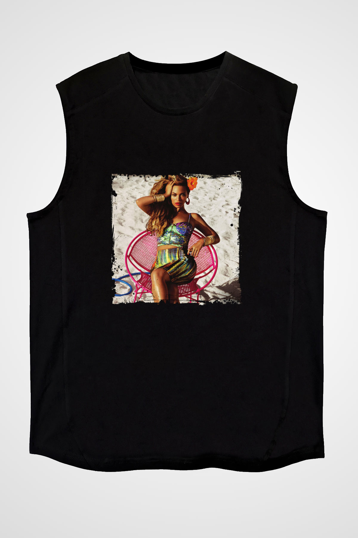 Beyonce Baskılı Unisex Siyah Kolsuz Tişört