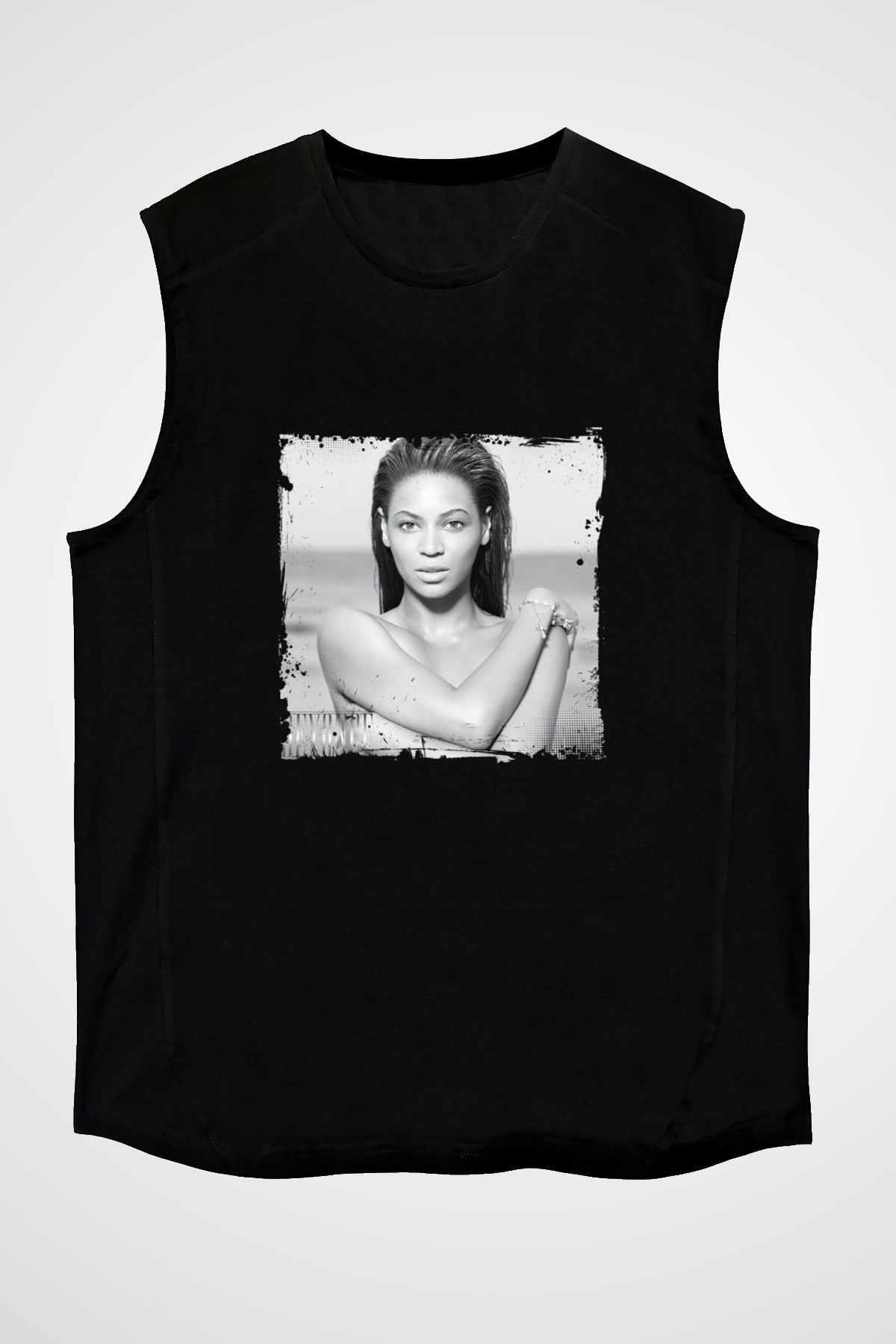 Beyonce Baskılı Unisex Siyah Kolsuz Tişört