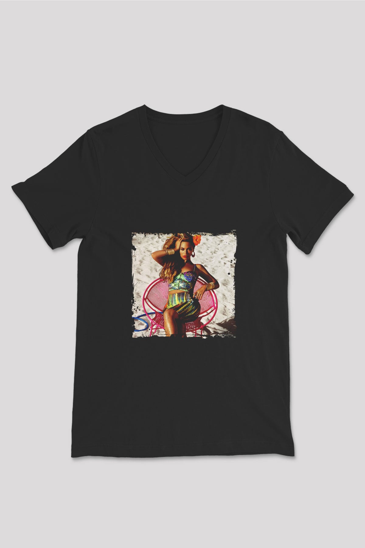 Beyonce Baskılı Unisex Siyah V Yaka Tişört