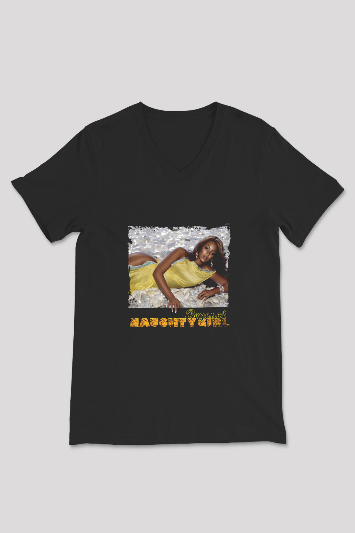Beyonce Baskılı Unisex Siyah V Yaka Tişört