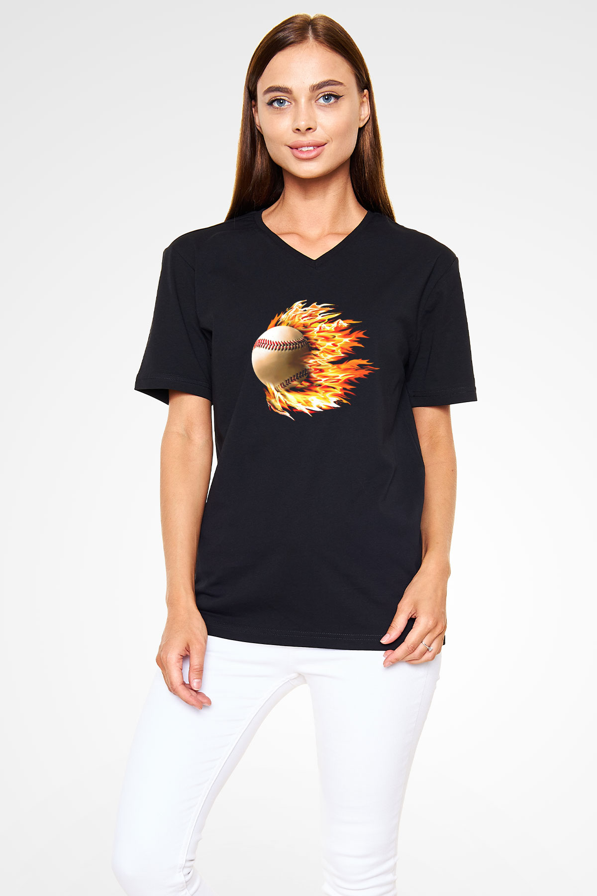 Beyzbol - Baseball Baskılı Unisex Siyah V Yaka Tişört