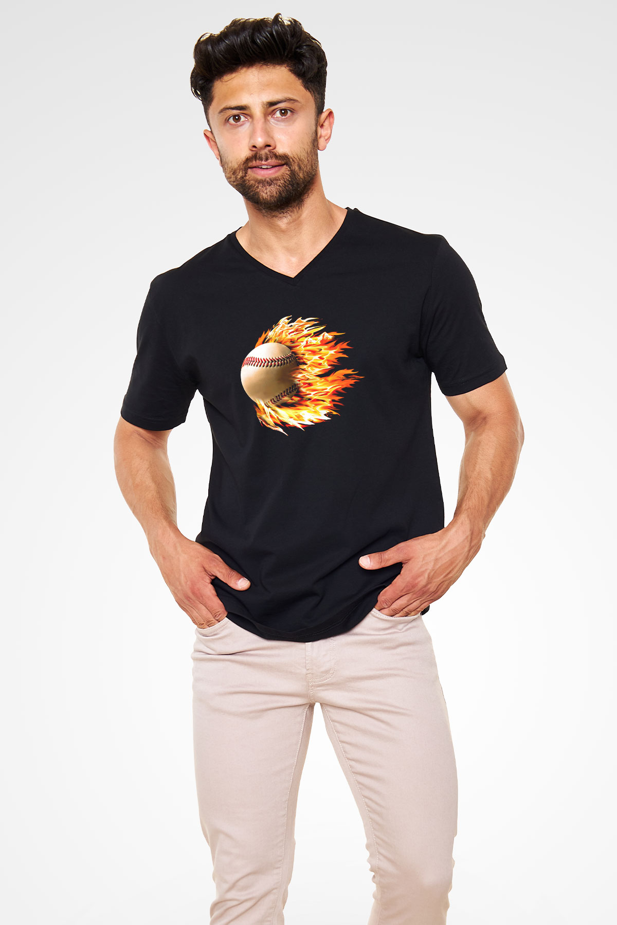 Beyzbol - Baseball Baskılı Unisex Siyah V Yaka Tişört
