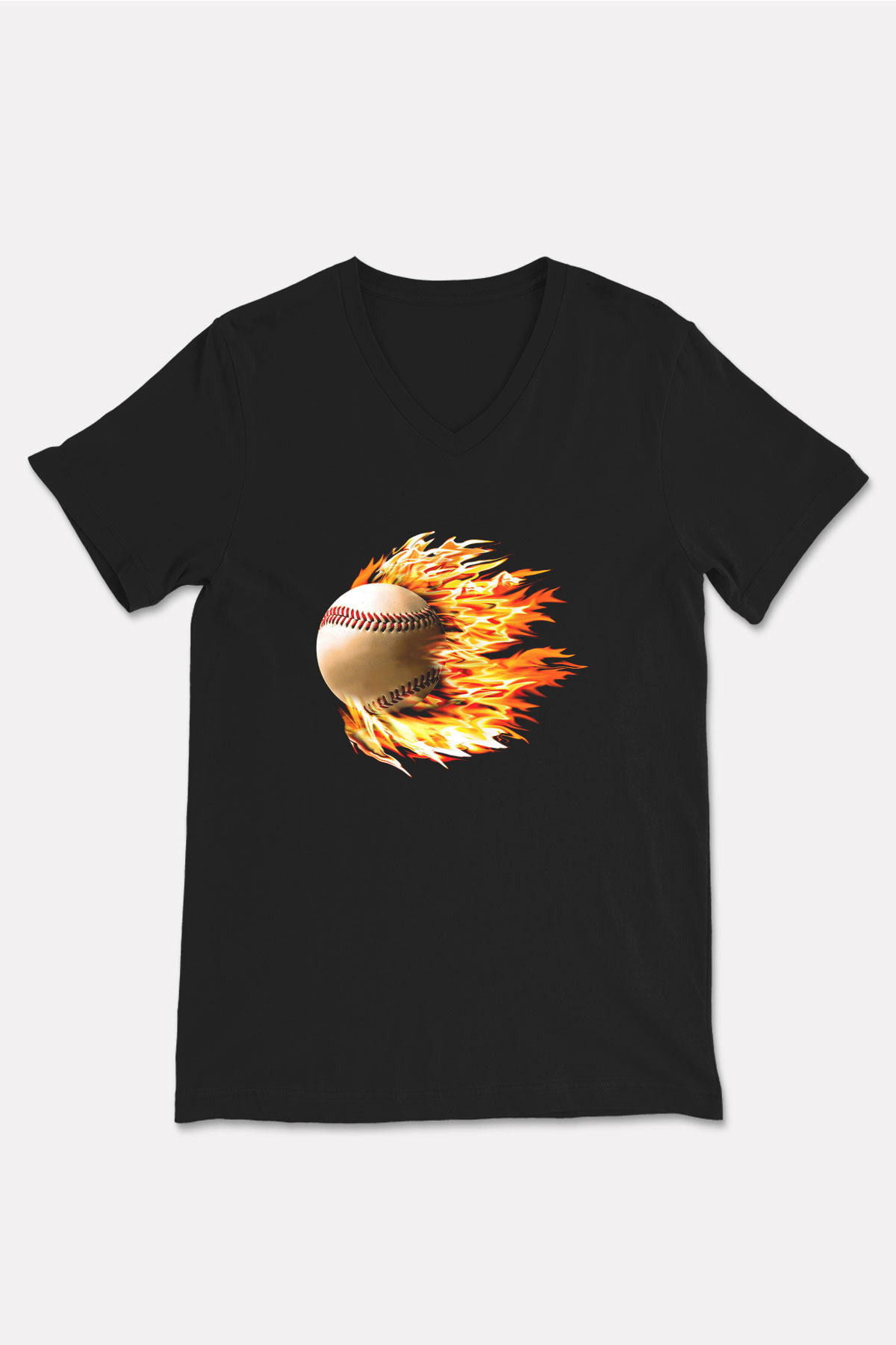 Beyzbol - Baseball Baskılı Unisex Siyah V Yaka Tişört