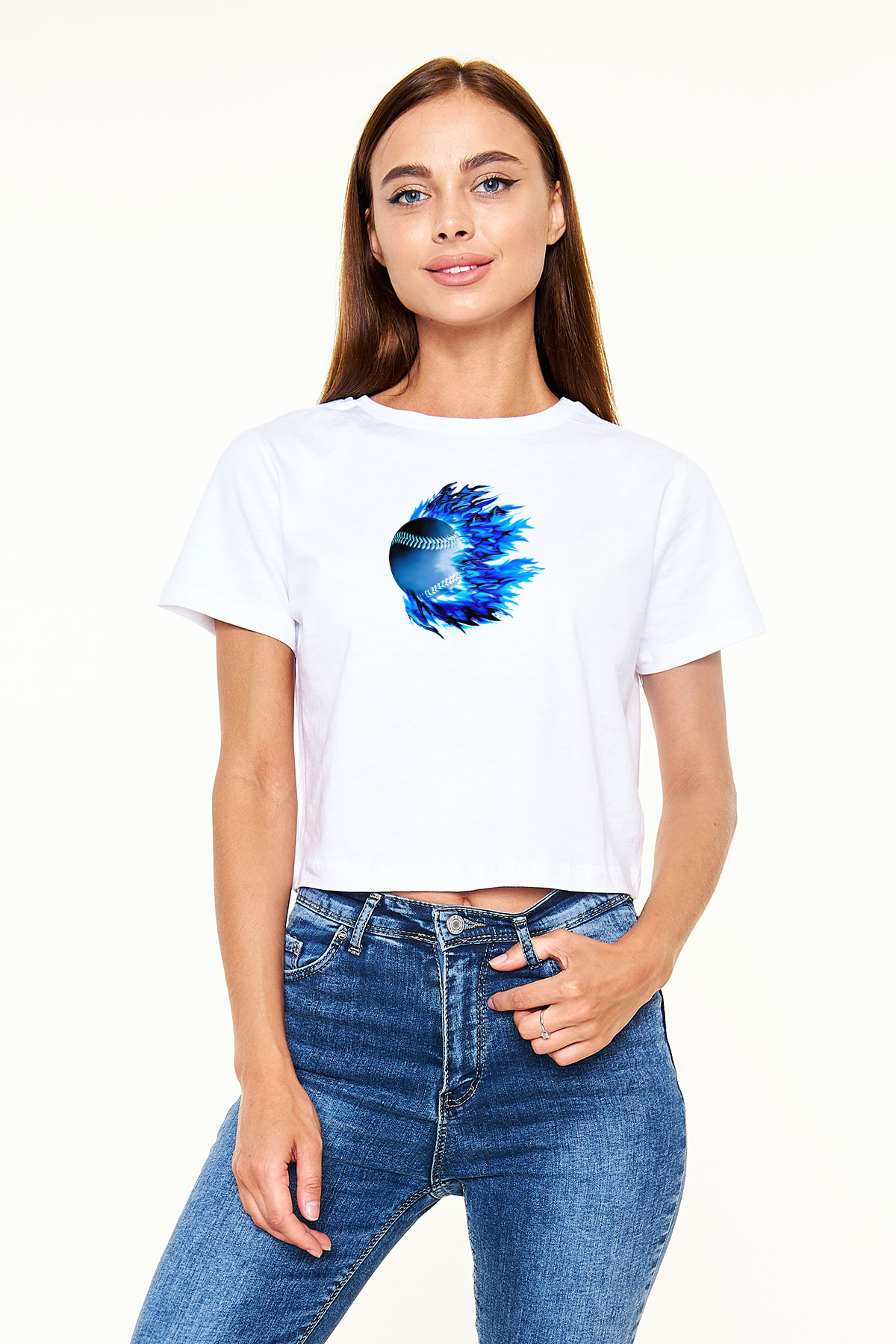 Beyzbol Baskılı Crop Top Beyaz Tişört - T-shirt