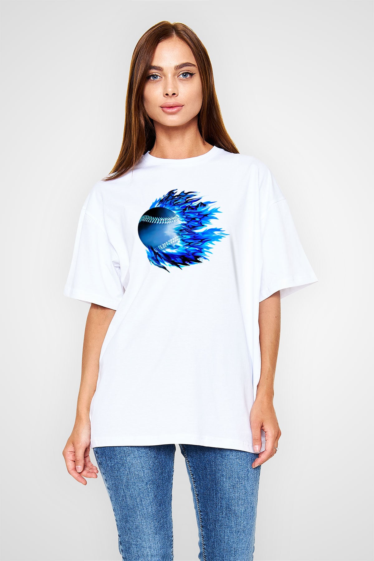 Beyzbol Baskılı Unisex Beyaz Oversize Tişört - Tshirt