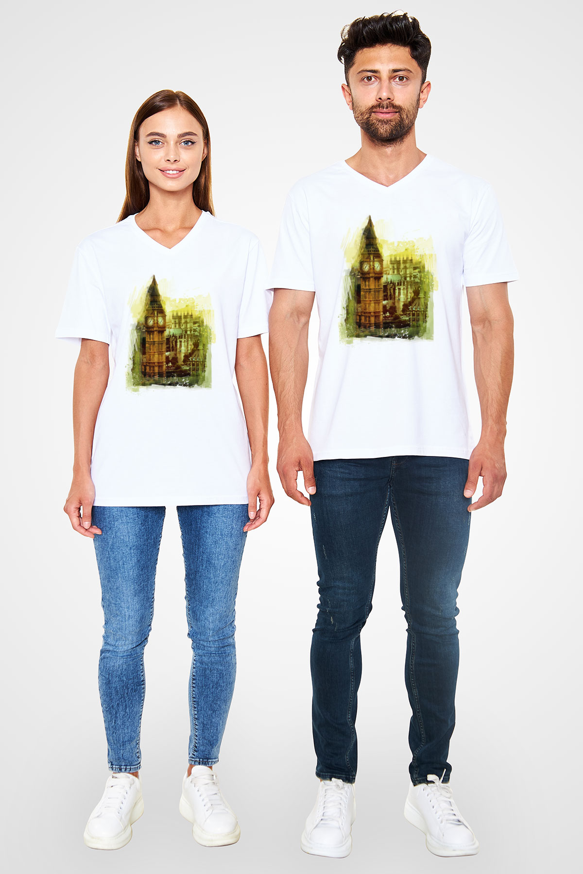 Big Ben Beyaz Unisex V Yaka Tişört