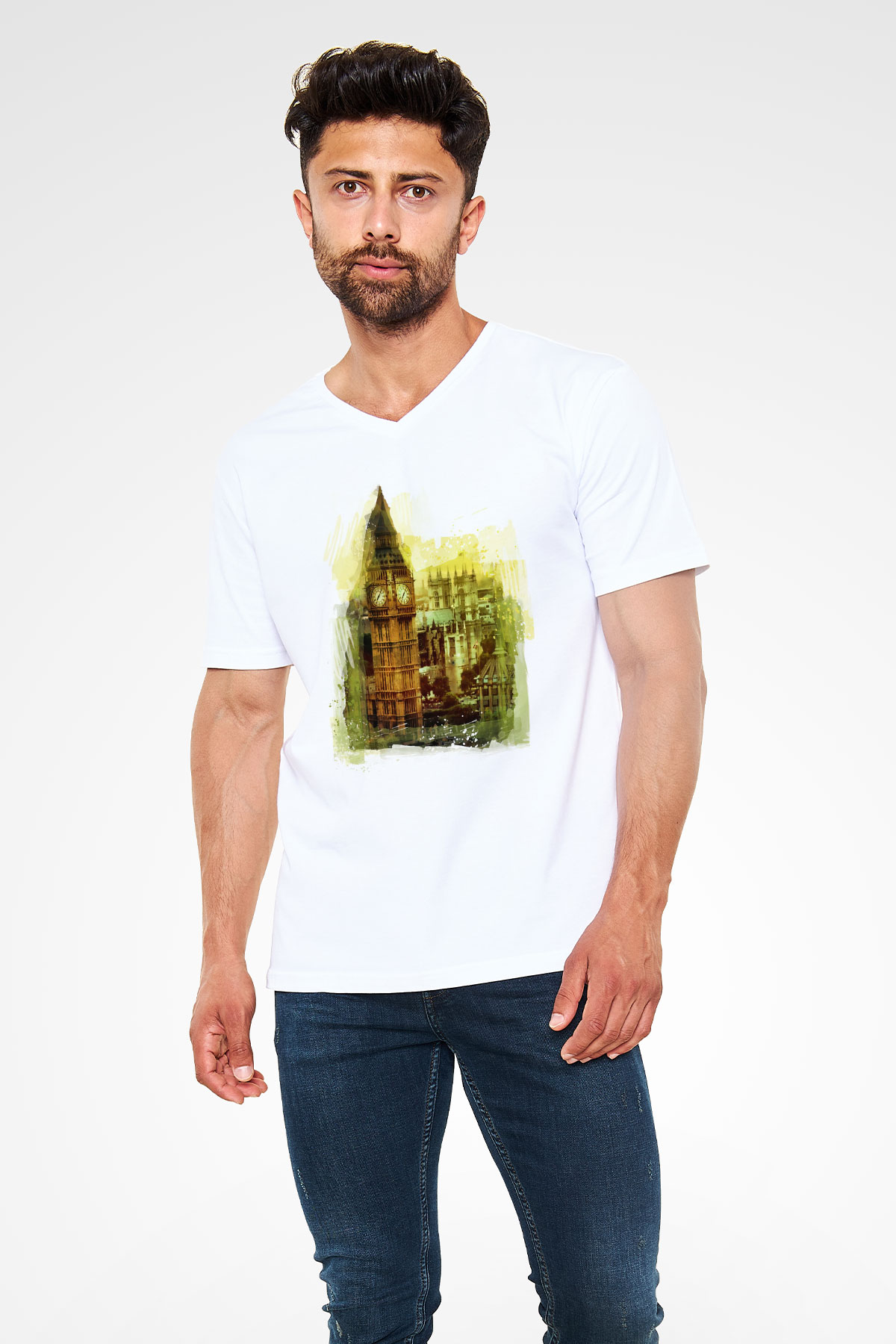 Big Ben Beyaz Unisex V Yaka Tişört