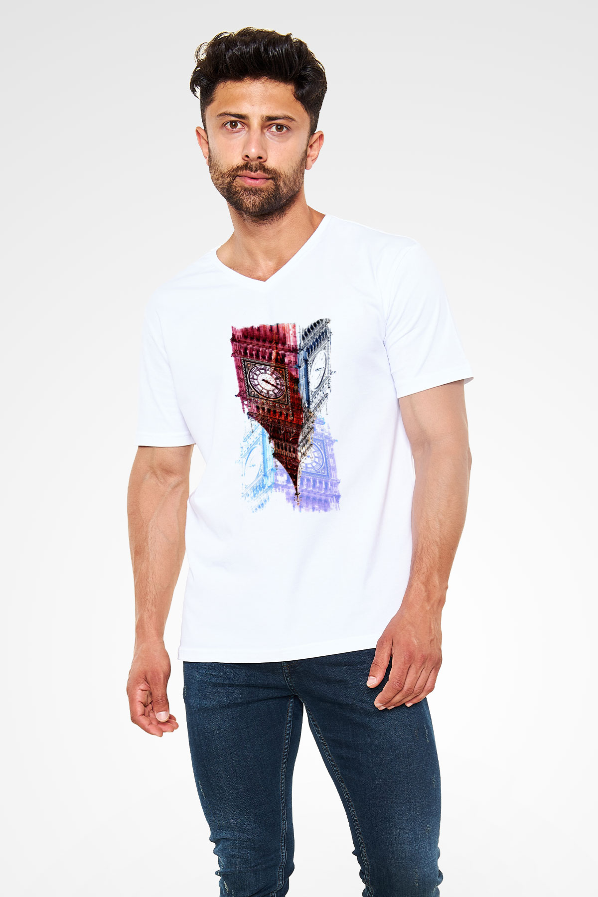 Big Ben Beyaz Unisex V Yaka Tişört T-Shirt
