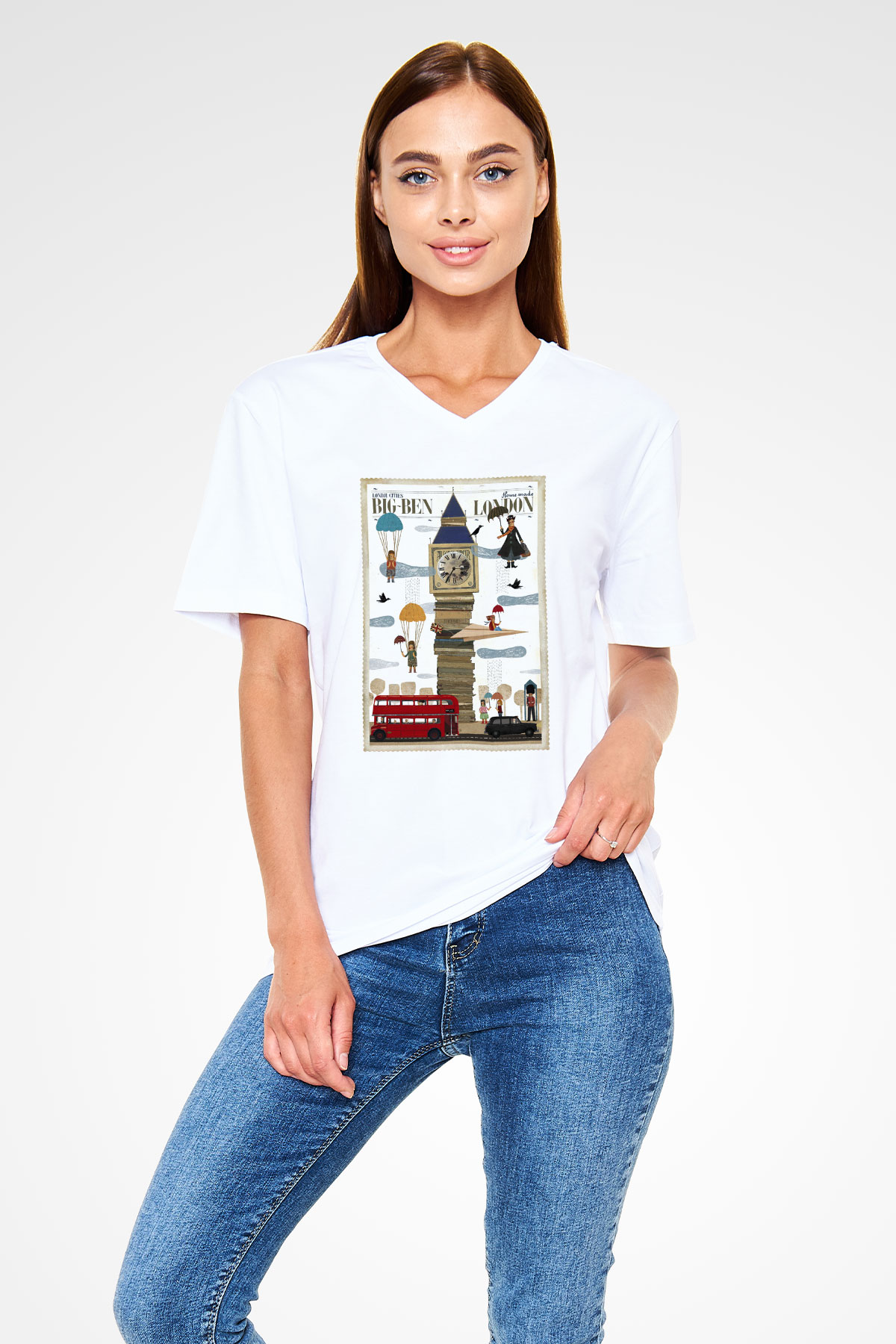 Big Ben Beyaz Unisex V Yaka Tişört T-Shirt
