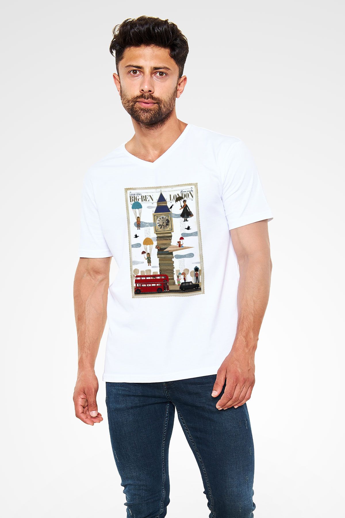 Big Ben Beyaz Unisex V Yaka Tişört T-Shirt