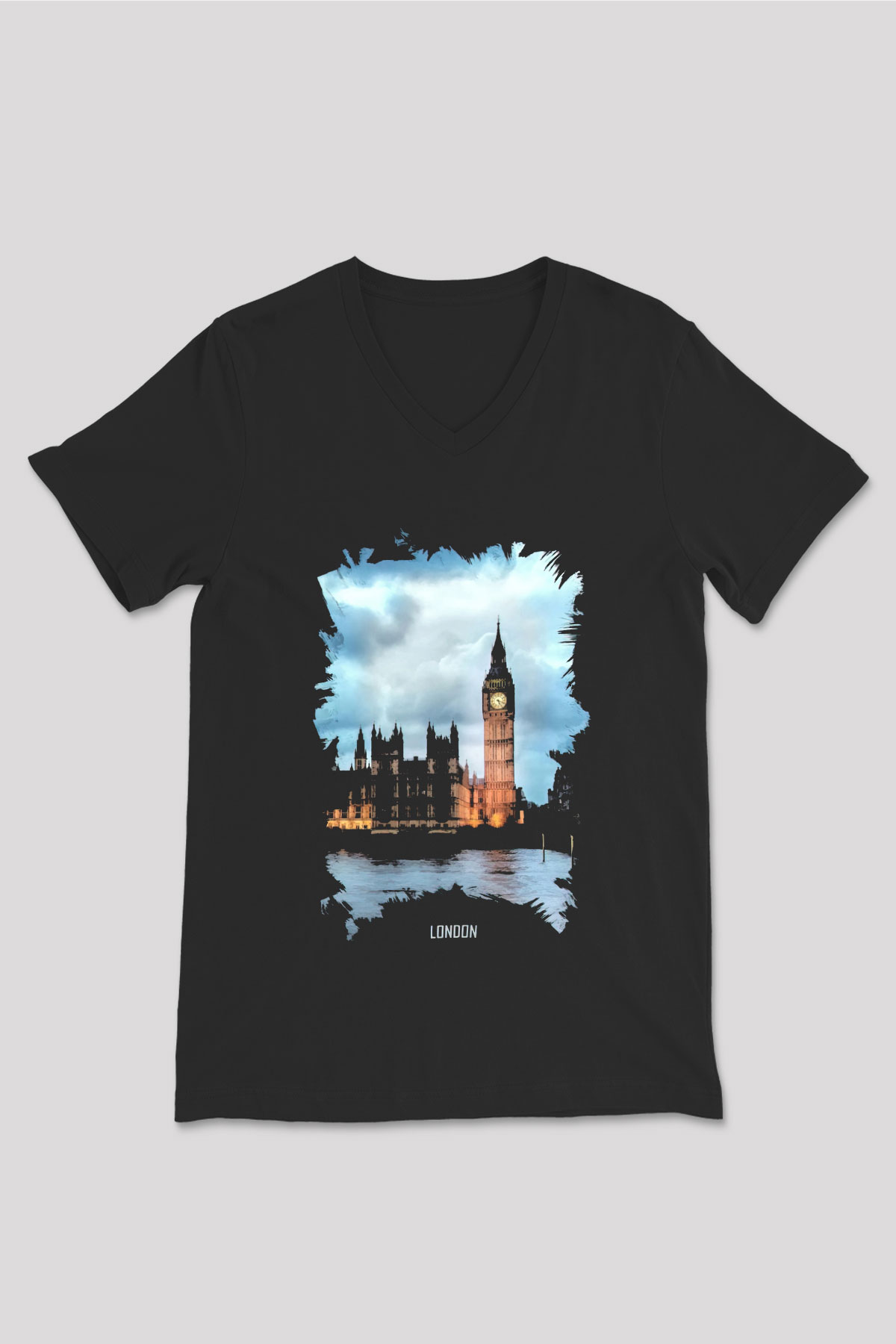 Big Ben Siyah Unisex V Yaka Tişört