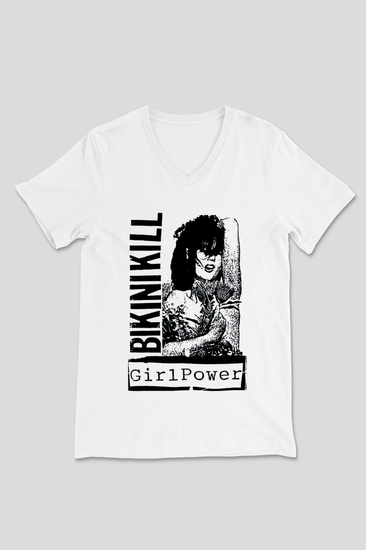 Bikini Kill Baskılı Beyaz Unisex V Yaka Tişört - Tshirt