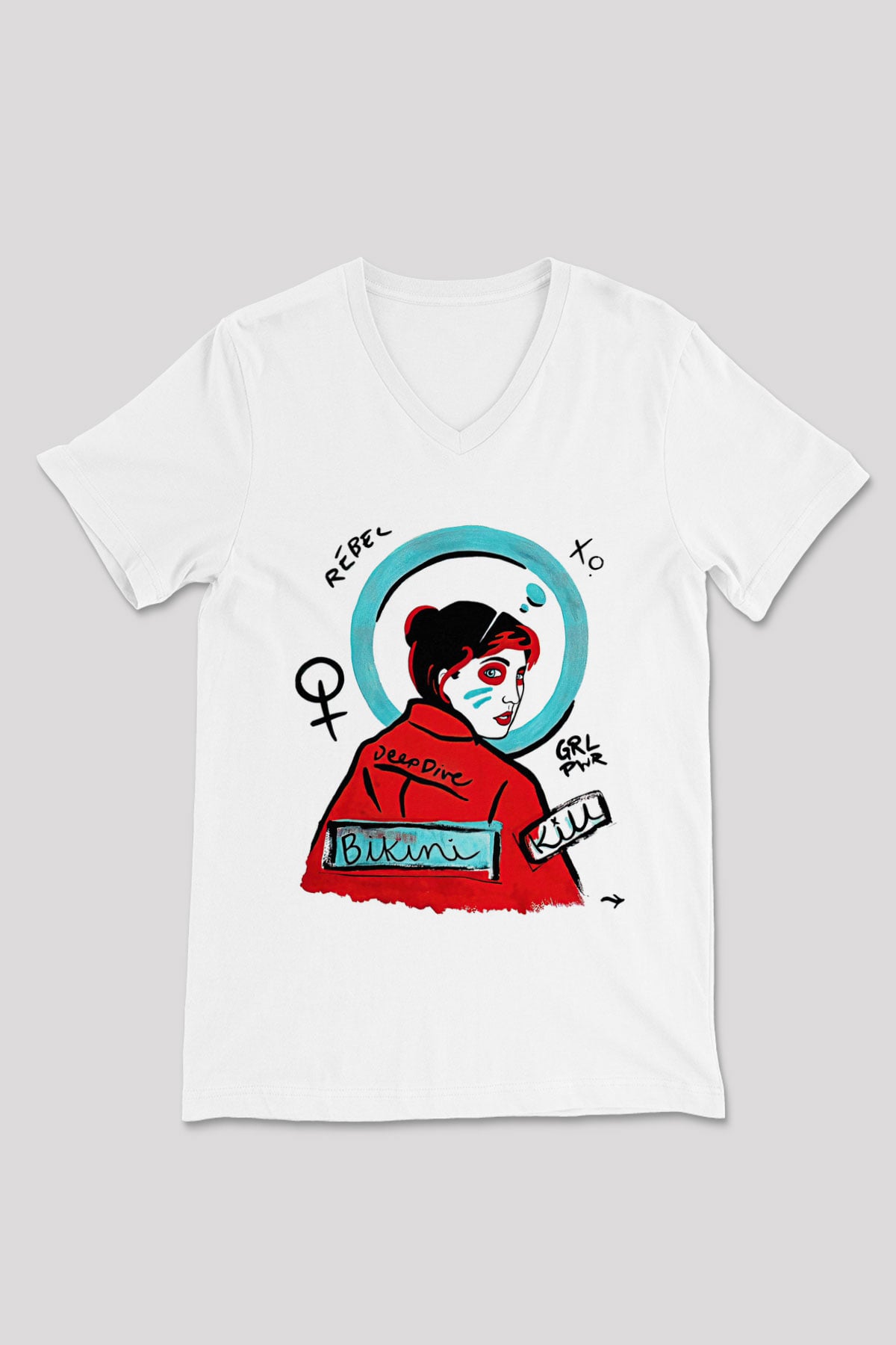 Bikini Kill Baskılı Beyaz Unisex V Yaka Tişört - Tshirt